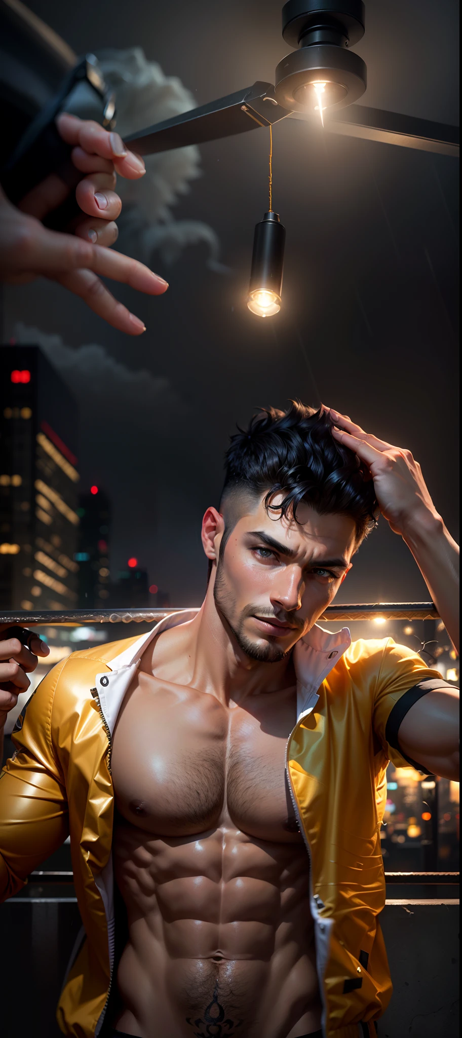 (8k, photorealistic,RAW photo,16k,Hd,)(change background to city night,rain,stand hair,blue-eyed، goldwn hair to light,blue,hair,gold wire glasses, haircut,jacket,detailed face,detailed eyes,detailed hair) (best quality, highres),ultra-detailed,HD,1.37, HDR,professional, studio lighting, sharp,foucus,vivid colors,(portraits,  photography), smile, 8k pack,s, bodybuilder, embodying، Enhanced with HDR technology, 8K resoulation.