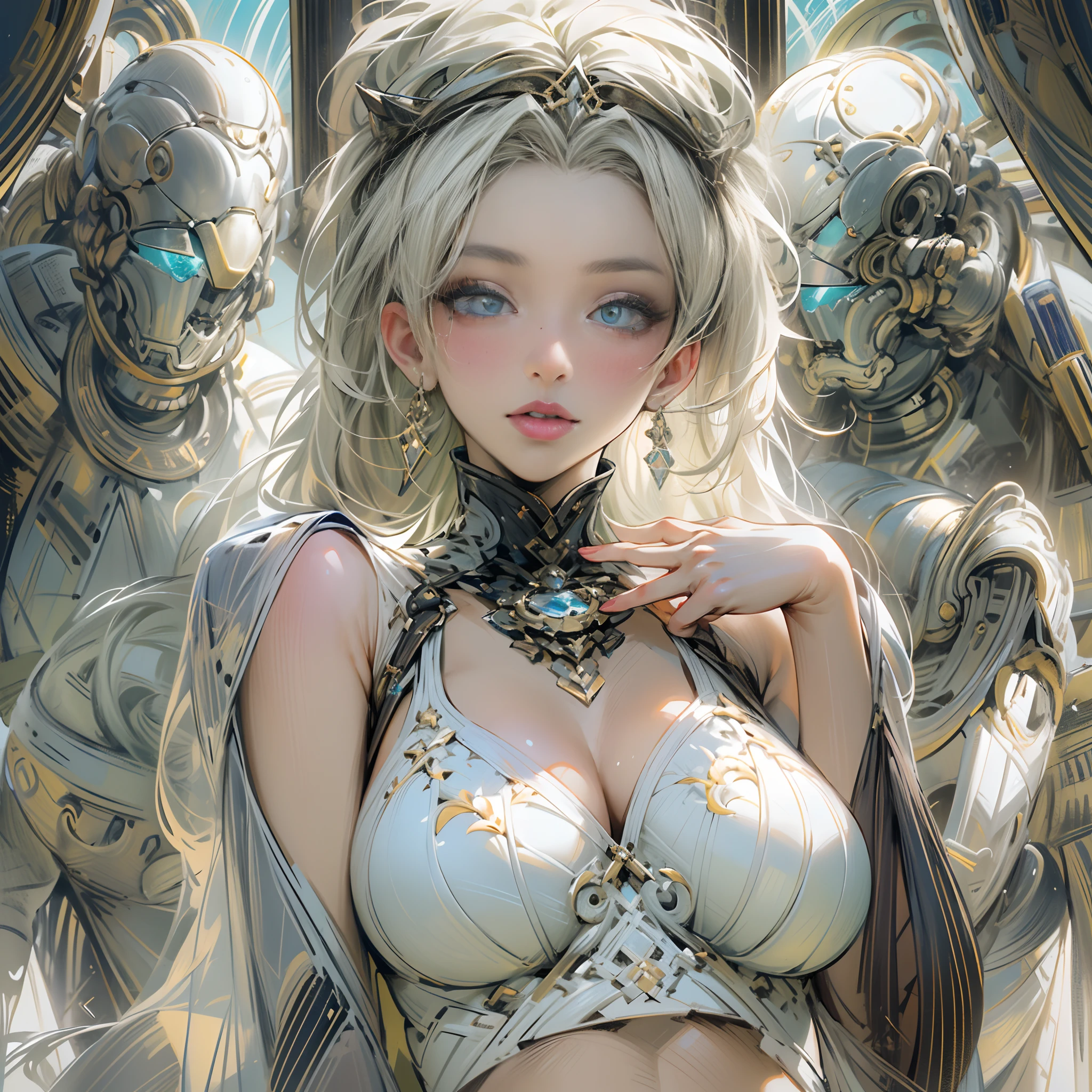 ((Masterpiece, Highest quality)), perfectly proportions，full bodyesbian, Full of details, beuaty girl，(hyperdetailed face, Highly detailed lips, Detailed eyes, Double eyelids), There is 1 mole in the right breast，White see-through bikini，High Balance, Overhead halo，Natural light，