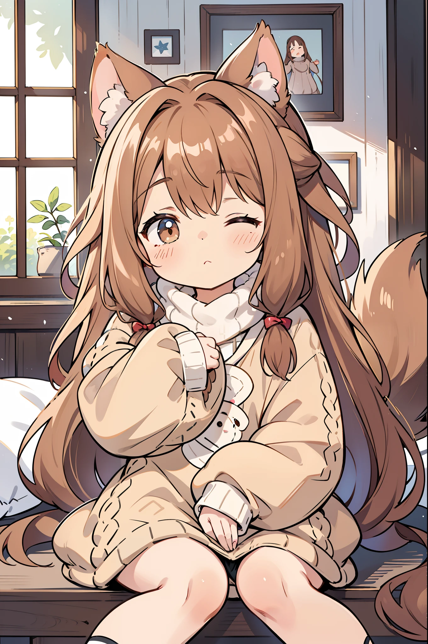 1 girl in、Light brown hair、Longhaire、fluffy hair、Canine ears、Dog tail、sitting on、knitted sweater、cute little、Wearing oversized clothing、Sleepy face、I'm out of the way、Rori、Interior exposed to light、Warm interior、in a house、top-quality、Masterpiece