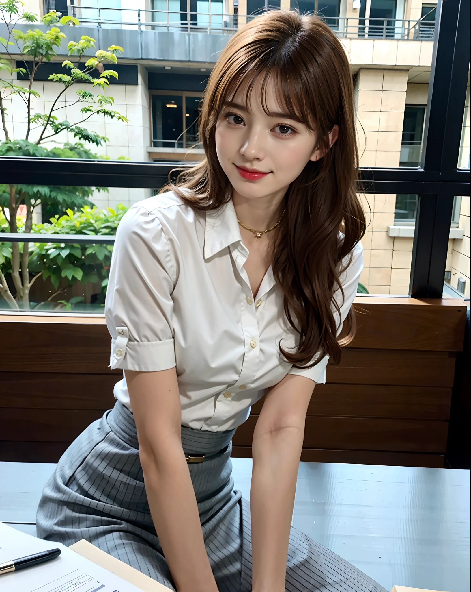 Button shirt with collar、Officelady、OL、At work、ty、Fiss Casual Pencil Skirt、Wavy medium hair
