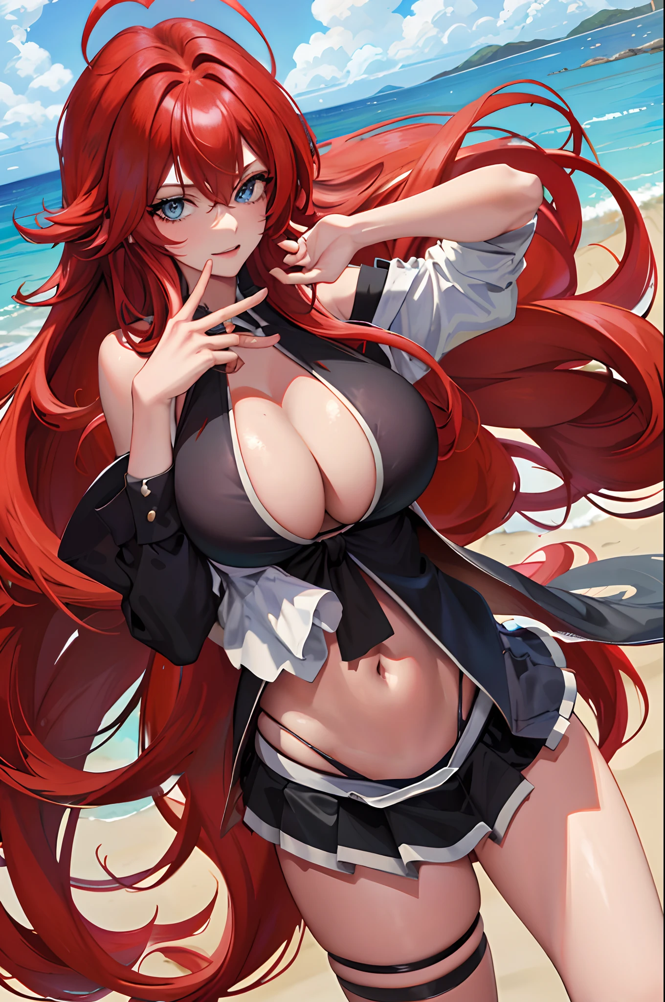 ​masterpiece, top-quality, hight resolution, Rias Gremory, 1girl in, length hair, red hairs, Ahoge, blue eyess, large full breasts, Very long hair, breastsout, huge ahoge, the beach, maikurobikini,the beach,Muchimuchi