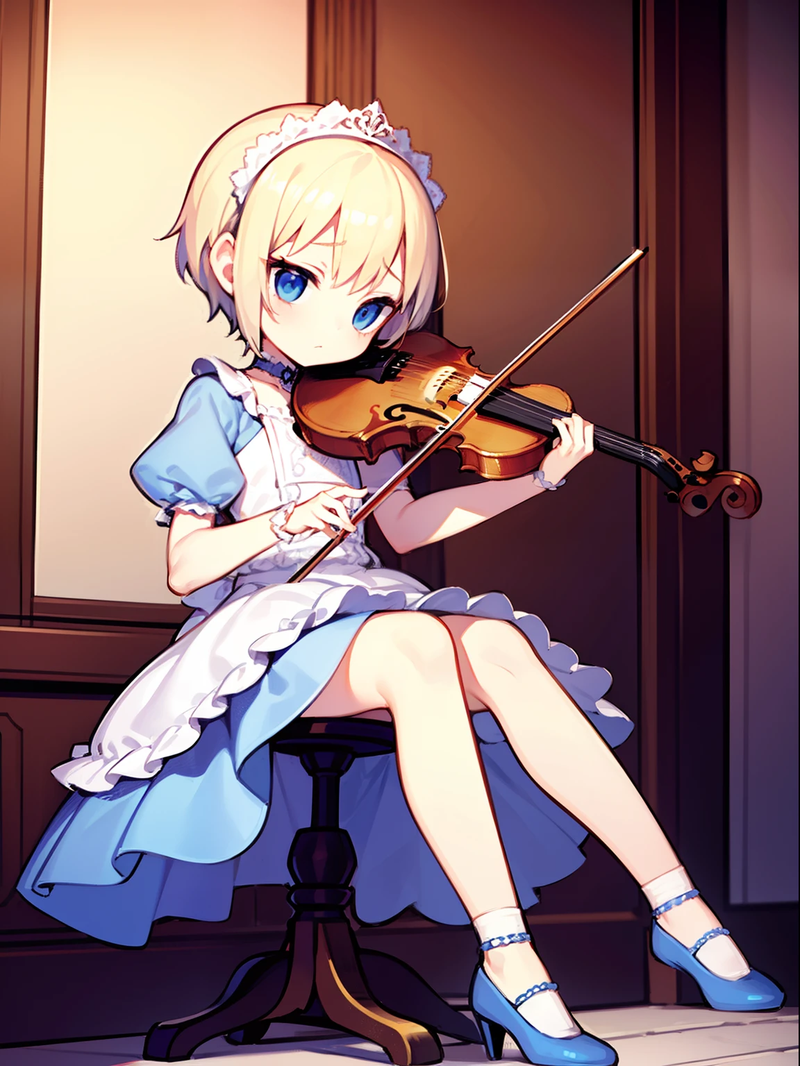 Modest, Shy, Infinitely cute and beautiful, fragile figure, Skinny tiny girl 7 years old; Blonde with short hair, with a completely flat chest; sad and indifferent; Big dull blue eyes, long eyelashes, very pale skin; rich white dress, Ornaments, Silver shoes; He plays the violin; A dreary look; An ornate hall; Anatomical realism, high quality textures , higly detailed