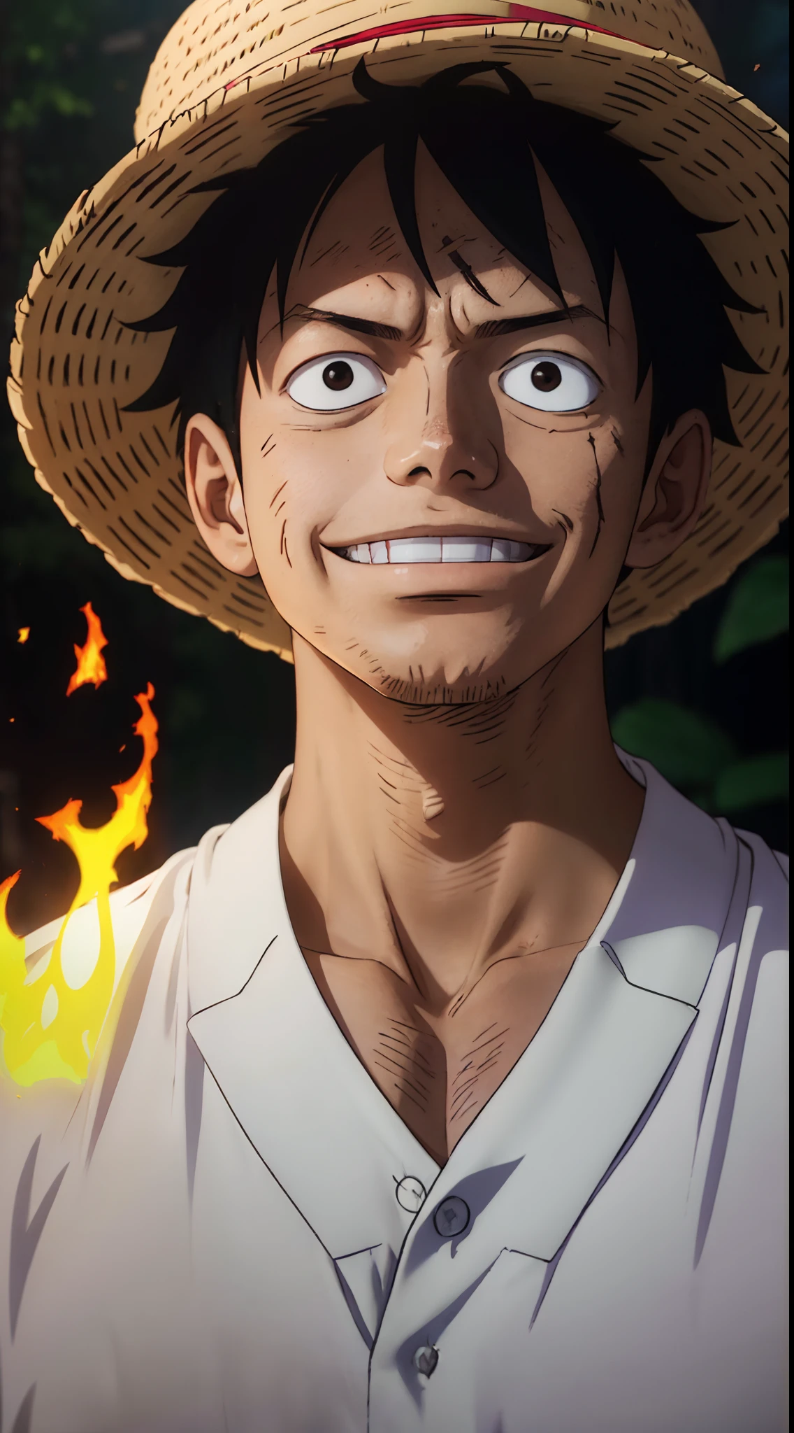 1boy, wanostyle, monkey d luffy, smiling, straw hat, looking at viewer, solo, upper body, ((masterpiece)), (best quality), (extremely detailed), depth of field, sketch, dark intense shadows, sharp focus, soft lighting, hdr, colorful, good composition, fire all around, spectacular, closed shirt, anime screencap, scar under eye, ready to fight, black eyes