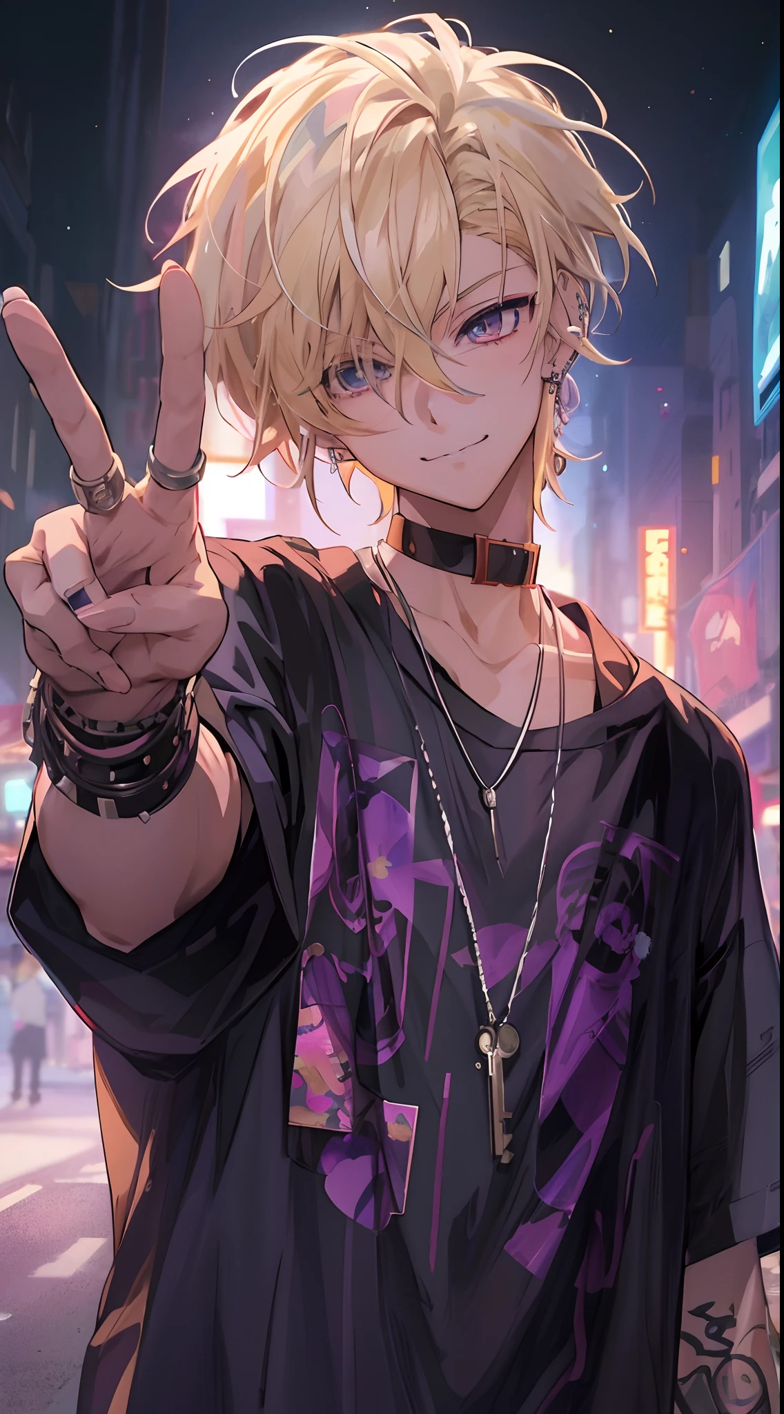 Anime boy with blond hair and piercings, Handsome Anime Pose, Anime Boy, Key Anime Art, kawacy, anime style 4 k, key anime visuals, with index finger, Anime style. 8K, young anime man, Male anime style, badass anime 8 K, handsome guy in demon slayer art, digital anime illustration、A slight smil