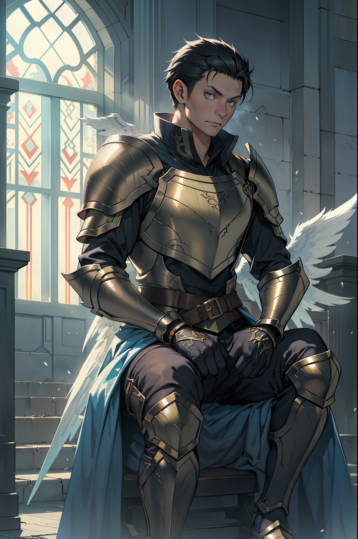 1 man，（sit astride），Masterpiece, Absurd, Award-winning photo, Extremely detailed, Amazing, masculine details, Extremely detailed eyes and face, author：Lee Jeffreys Nikon D850 Film Stock Photography 4 Kodak Portra 400 Camera F1.6 lens rich colors hyper realistic texture realistic lighting dramatic lighting unrealengine trend in artstation cinestill 800 tungsten, Young man, strong looking(( Archangel Warrior 1), large wings (1 Angel warrior big wings, cherubs in a gold armor and accessories, Golden wings, wearing AGF:1.1), (Redshift style:1.1), (Style, Realistic, photographed, professional, High contrast, 1boys, sit astride，Crotch view，expressive look, hdr, Highest quality, Sharp focus, looking at viewert, Facing the viewer, 8K, Blue eyes, Wearing (Male paladin_glam armor, armor decorated with jewels, paladin armor: 1.15), Final Fantasy XIV setting, ultra sharp resolution, Cinematic lighting, Sharp focus, (illustration: 1.1), Intricate,1 Archangel, Short-haired Catholic, wearing a robe and armor, sit astride，spread their legs，Golden, Silver, and broze, pondering over one with swords, Golden Hoop Stick, church in classical style, columns detail Corinthias poorly lit, hall bright lights, flashing lights,