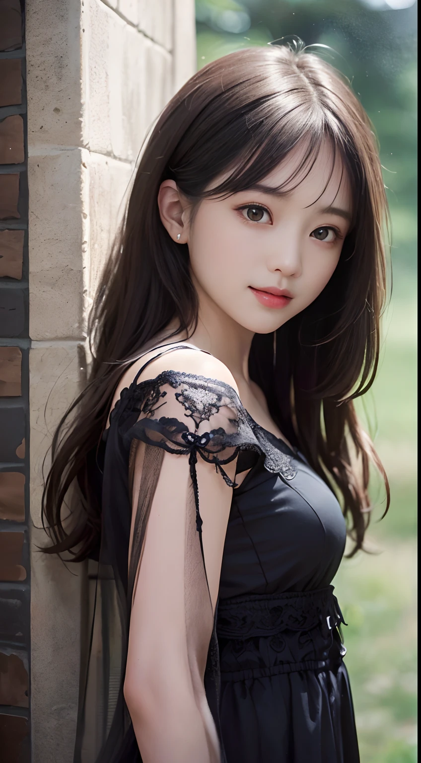 (ultra-realistic realism)、(illustratio)、(A high resolution)、(8K)、(The is very detailed)、(Best Illustration)、(Beautifully detailed eyes)、(top-quality)、(ultra - detailed)、(tmasterpiece)、(the wallpaper)、(A detailed face)、独奏、1 girl in、looking at viewert、finedetail、A detailed face、in the darkness nigth、deep shading、low tune、pureerosfaceace_V1、A smile、Long、Black shawl straight hair、46-point diagonal bangs, (Silk dress、long skirt)(cropped shoulders)The view of the castle、、Stand against the wall