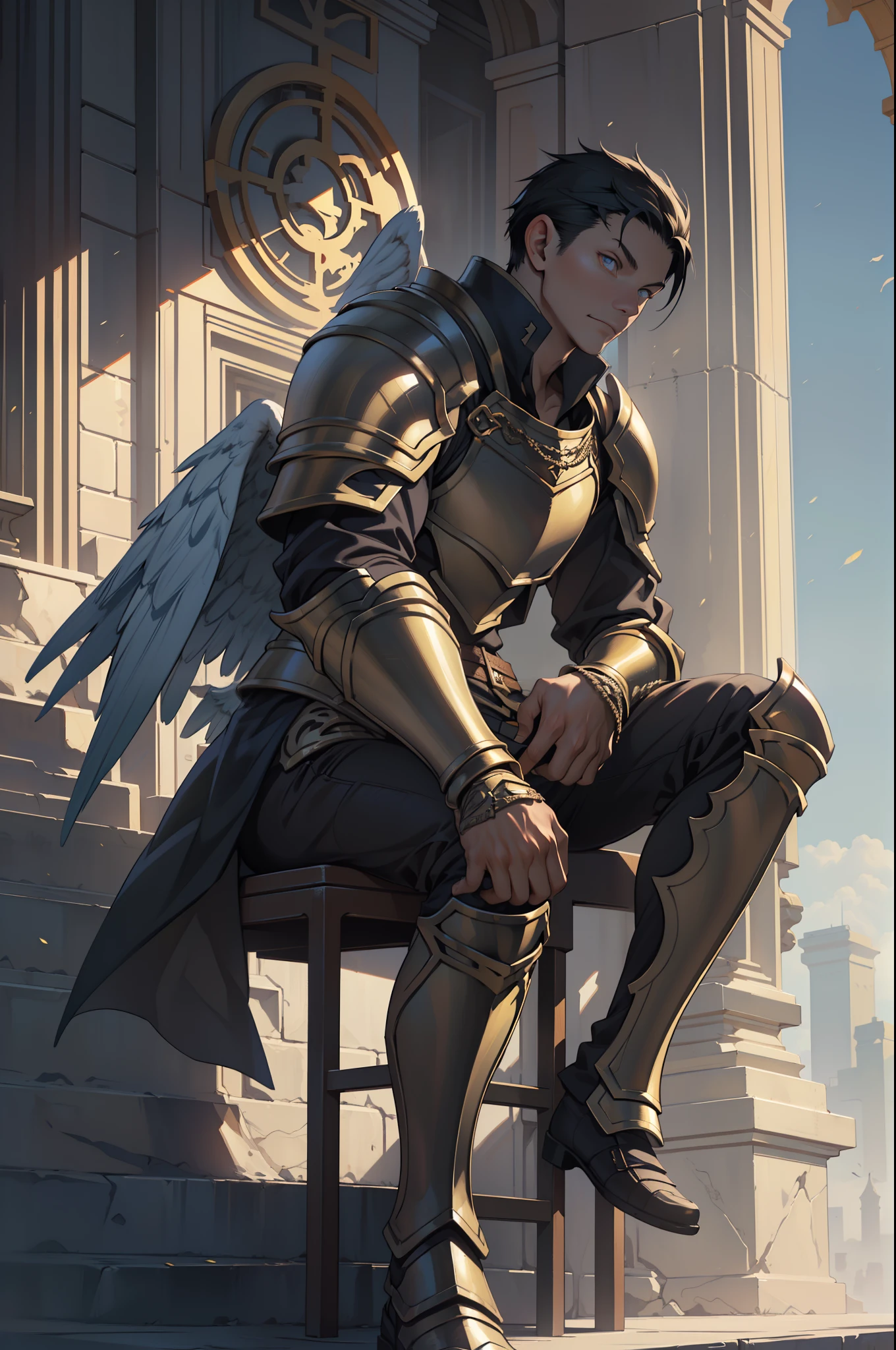 1 man,(sit astride),Masterpiece, Absurd, Award-winning photo, Extremely detailed, Amazing, masculine details, Extremely detailed eyes and face, author:Lee Jeffries Nikon D850 Film Stock Photography 4 Kodak Portra 400 Camera F1.6 lens rich colors hyper realistic texture realistic lighting dramatic lighting unrealengine trend in artstation cinestill 800 tungsten, Young man, strong looking(( Archangel Warrior 1), large wings (1 Angel warrior big wings, cherubs in a gold armor and accessories, Golden wings, wearing AGF:1.1), (Redshift style:1.1), (Style, Realistic, photographed, professional, High contrast, 1boys, sit astride,Crotch view,expressive look, hdr, Highest quality, Sharp focus, looking at viewert, Facing the viewer, 8K, Blue eyes, Wearing (Male paladin_glam armor, armor decorated with jewels, paladin armor: 1.15), Final Fantasy XIV setting, ultra sharp resolution, Cinematic lighting, Sharp focus, (illustration: 1.1), Intricate,1 Archangel, Short-haired Catholic, wearing a robe and armor, sit astride,spread their legs,Golden, Silver, and broze, pondering over one with swords, Golden Hoop Stick, church in classical style, columns detail Corinthias poorly lit, hall bright lights, flashing lights,