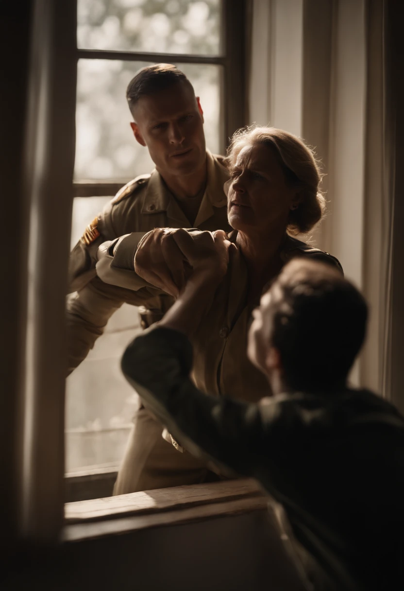 Image of a soldier throwing felas mother out of the window