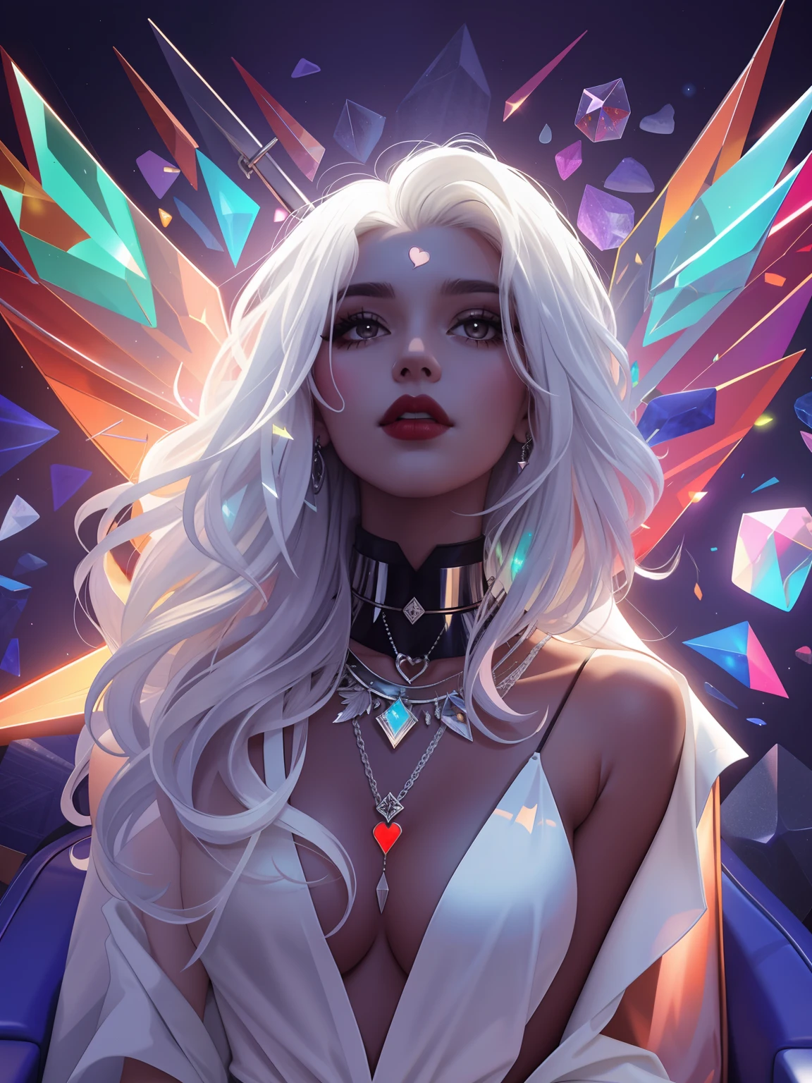tarot card, Model: long wavy hair, full scarlet dark lips, Smoky eyes, BREAK,, Broken glass, crystals, neon lights, BREAK, Polychromatic geometric patterns,Heart, Arms and legs, BREAK, Accessories: Chrome-plated chains with torn body, Silver Choker, black feathered white black wings, Naked, Topless, naked body,BREAK,on chair, looking forward. tmasterpiece, Masterpiece quality