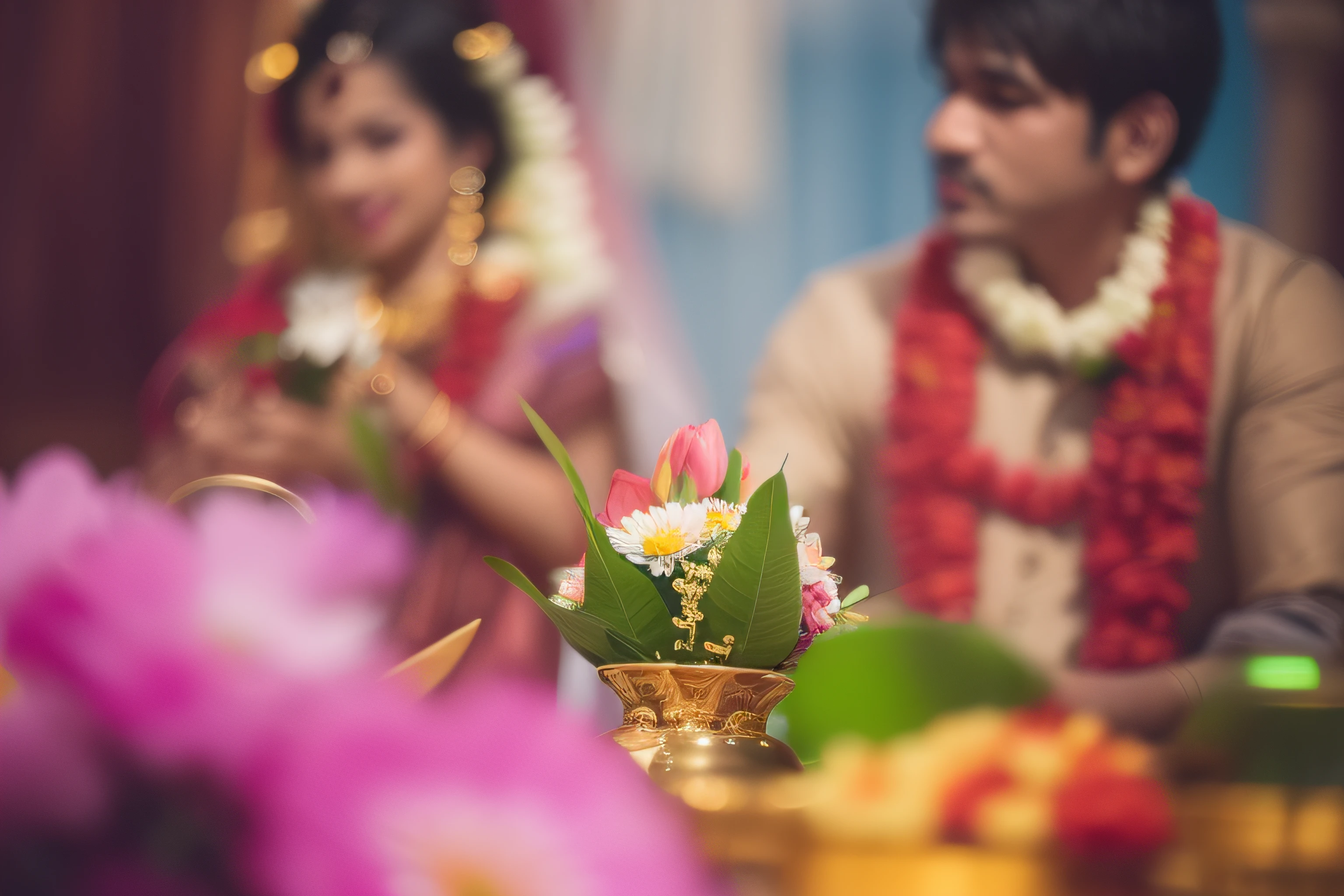 there are brider and groom sitting at a table with a vase of flowers, candid photography, traditional photography, holy ceremony, hindu aesthetic, festivals, traditional, ceremony, decorated with flowers, flower sepals forming helmet, candid photograph, accurate depiction, accurate and detailed, beautiful image, wedding photography, by Max Dauthendey, well edited, elaborate composition