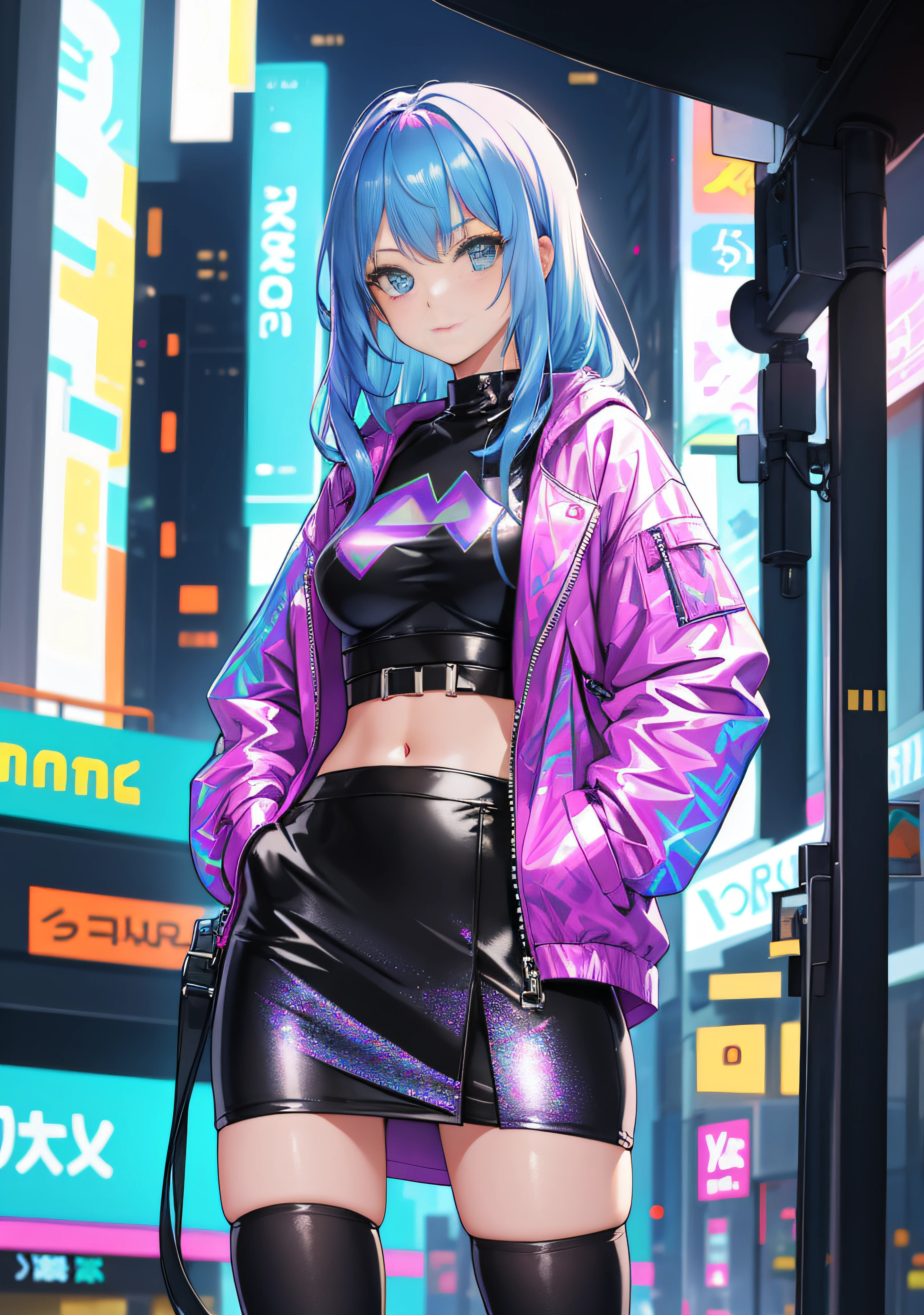 An adorable anime-style girl with a striking blue and purple mohawk leans over a brightly lit gambling table. Her wide eyes reflect the colorful chips before her, conveying a sense of nervousness and excitement. The entire scene is set against a deep blue background, creating a sense of depth and night-time ambiance. Neon signs and holographic displays float in the blue space, all proclaiming 'No Coin No Gain' in various fonts and colors. The girl's shirt is damp with sweat, glistening under the harsh casino lights. The overall style is a blend of detailed realism and exaggerated anime features, with a strong cyberpunk influence.