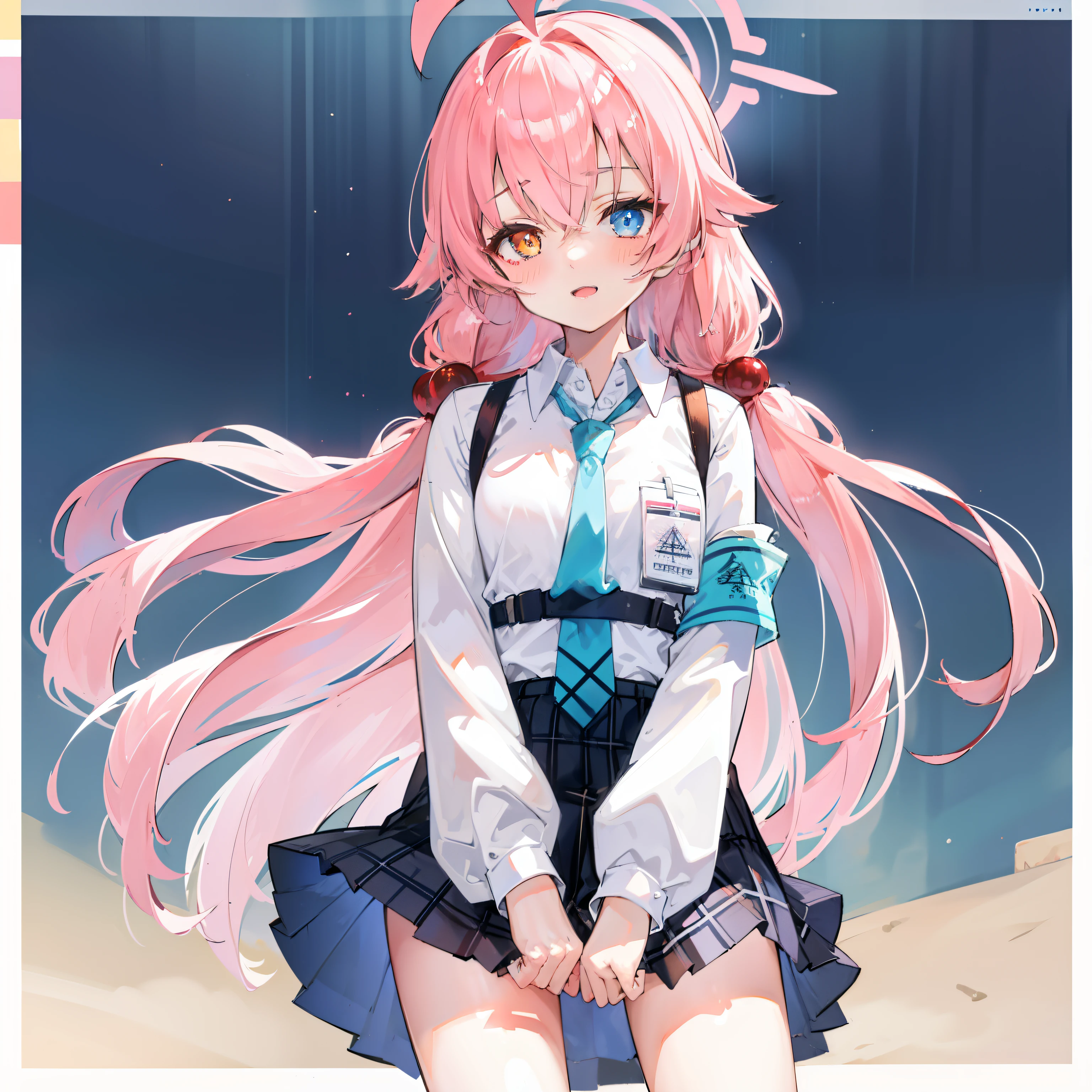 1girl, hoshino (blue archive), solo, heterochromia, pink hair, skirt, long hair, necktie, ahoge, shirt, halo, plaid skirt, blue eyes, plaid, looking at viewer, white shirt, sitting, orange eyes, chest harness, harness, long sleeves, id card, open mouth, very long hair, collared shirt, smile, blue necktie, bangs, feet out of frame, between legs, hand between legs, blush, hair between eyes, highres,masterpiece, best quality