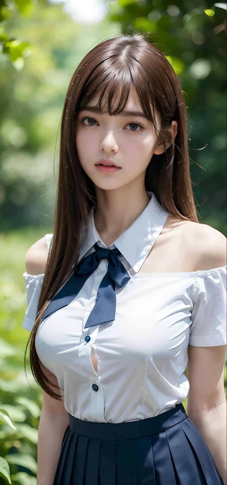 1womanl, up of face, Colossal tits,light brown hair, Blunt bangs, hair behind ear, hair over shoulder, Long hair, slender body shape, Ultra Fine Face, Thin face, Delicate lips, Beautiful eyes, thin blush, eyes are light brown, perfect glossy skin, flawless skin, Glistening sweat,View here, Ultra-thin hands, Ultra-fine fingers:realisitic:1.3), Broad-leaved forest, One-person viewpoint, Fuji Film, 8K, masutepiece, nffsw, ((Ultra ultra detail:1.3)), High quality, Best Quality, hight resolution, ((Detailed, High-quality and realistic finger reproduction:1.3))、the golden hour Beautiful light, (((Schoolgirl Uniform)))、(((White Short Sleeve Low Cut Front Button Shirt、Dark blue ribbon)))、((Ultra Micro Mini Dark Blue Pleated Skirt:1.3)),((Colossal tits)) (((Positive image:1.3))),((Light shirt:1.2)),((Bra is white with shoulder straps),((FULL BODYSHOT:1.3)),((Full body like:1.3))