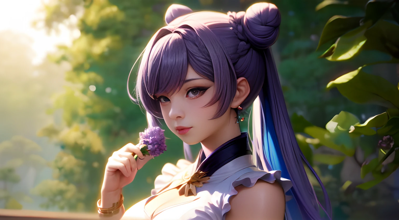 1girl, (独奏), Bangs, A bracelet, pectorals, closed mouth, cone hair bun, Day, ((double bun)), Dress, earings, east asian architecture, flower, hair bun, Hair Flower, hair ornament, holding, holding flower, Jewelry, keqing \(Genshin Impact\), lips, Long hair, looking a viewer, exteriors, ((purple hair)), short sleeves, Upskirt, 独奏, tassel, a tree, twintails, white flower, high detail official illustrations, hyper-detailing, ((Cinematic lighting)), Gears, bronze, ((voluminous lighting)), 8K , ((watercolour)), official arts ((Shinkai Makoto)) ((Year of Hideaki:1.2)), Sakimichan Stanley, Artgerm Lau Rossdraws, James Jean, ((marc simonetti:1.2)), ((elegant)), ((Highly detailed digital)), painting ((Artstation)), hands as picture by antonio manzanedo, Realistic, ((A reference to the characters of Korean folklore))