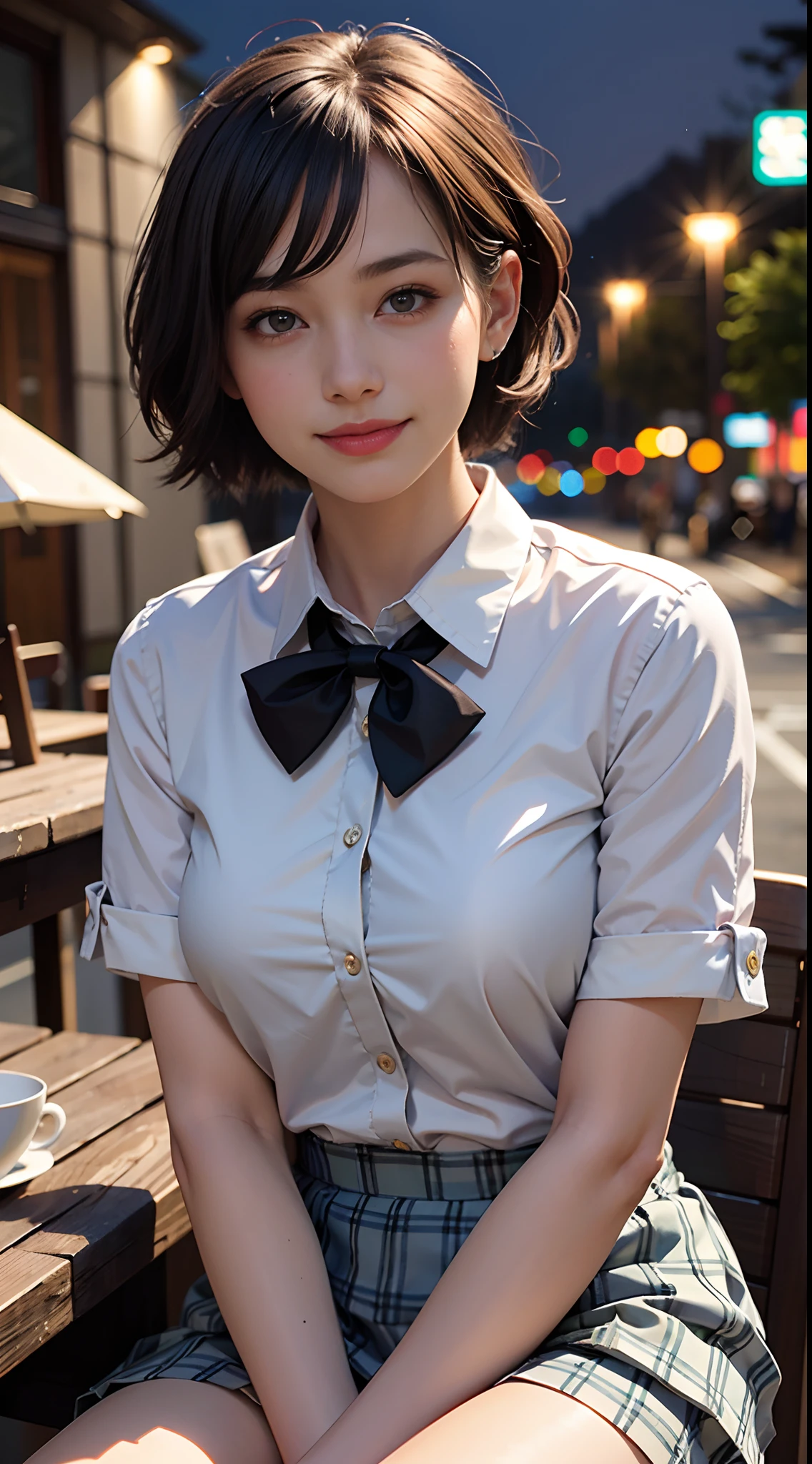 (8k, RAW photo, best quality, masterpiece:1.2), (realistic, photo-realistic:1.37), ultra-detailed,
1 girl,cute, solo,beautiful detailed sky,detailed cafe,night,sitting,dating,(nose blush),(smile:1.1),(closed mouth),large breasts, seductive smile, large aparture, professional lighting, Sony A7R4, Zessie 50mm F1.8,
medium breasts,beautiful detailed eyes,(collared shirt:1.1), bowtie,pleated skirt,(short hair:1.2),floating hair