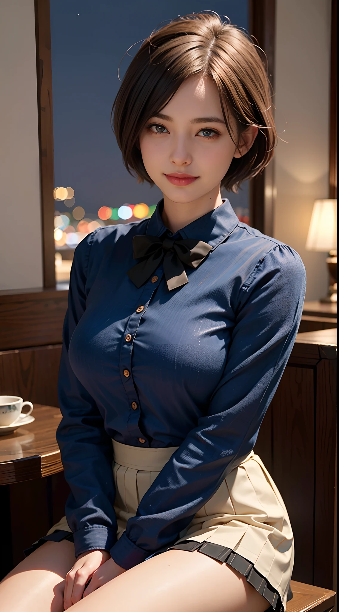 (8k, RAW photo, best quality, masterpiece:1.2), (realistic, photo-realistic:1.37), ultra-detailed,
1 girl,cute, solo,beautiful detailed sky,detailed cafe,night,sitting,dating,(nose blush),(smile:1.1),(closed mouth),large breasts, seductive smile, large aparture, professional lighting, Sony A7R4, Zessie 50mm F1.8,
medium breasts,beautiful detailed eyes,(collared shirt:1.1), bowtie,pleated skirt,(short hair:1.2),floating hair
