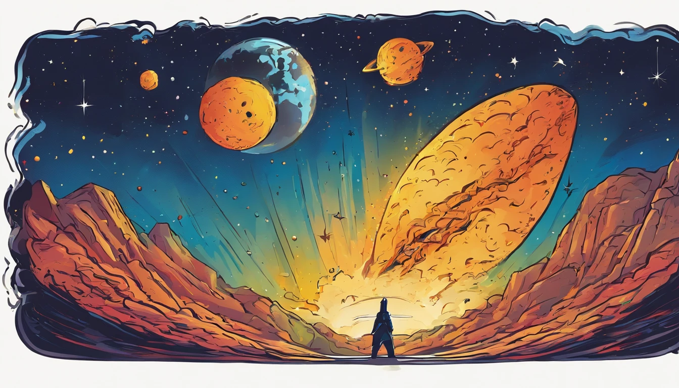 Un asteroide encadenado arrastrando una estrella, logotipo, estilo caricatura, arte abstracto