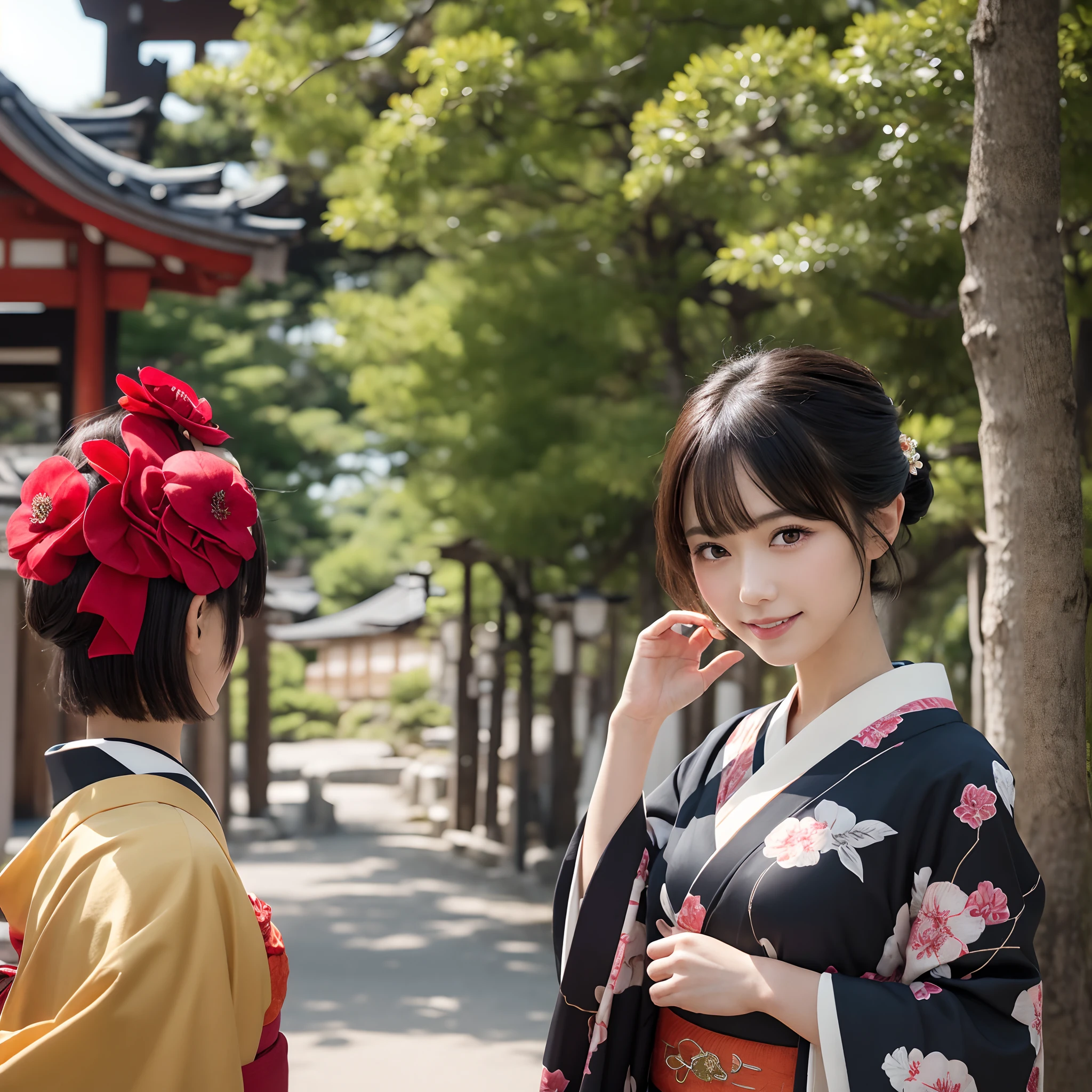 masutepiece, Best Quality, illstration, Ultra-detailed, finely detail, hight resolution, 8K quality wallpapers, Perfect dynamic composition, Beautiful detailed eyes, Kimono, Appearance of a well-formed kimono, (Black Shorthair), A slight smil, Looking at the camera, Kyoto Uzumasa Studio Park