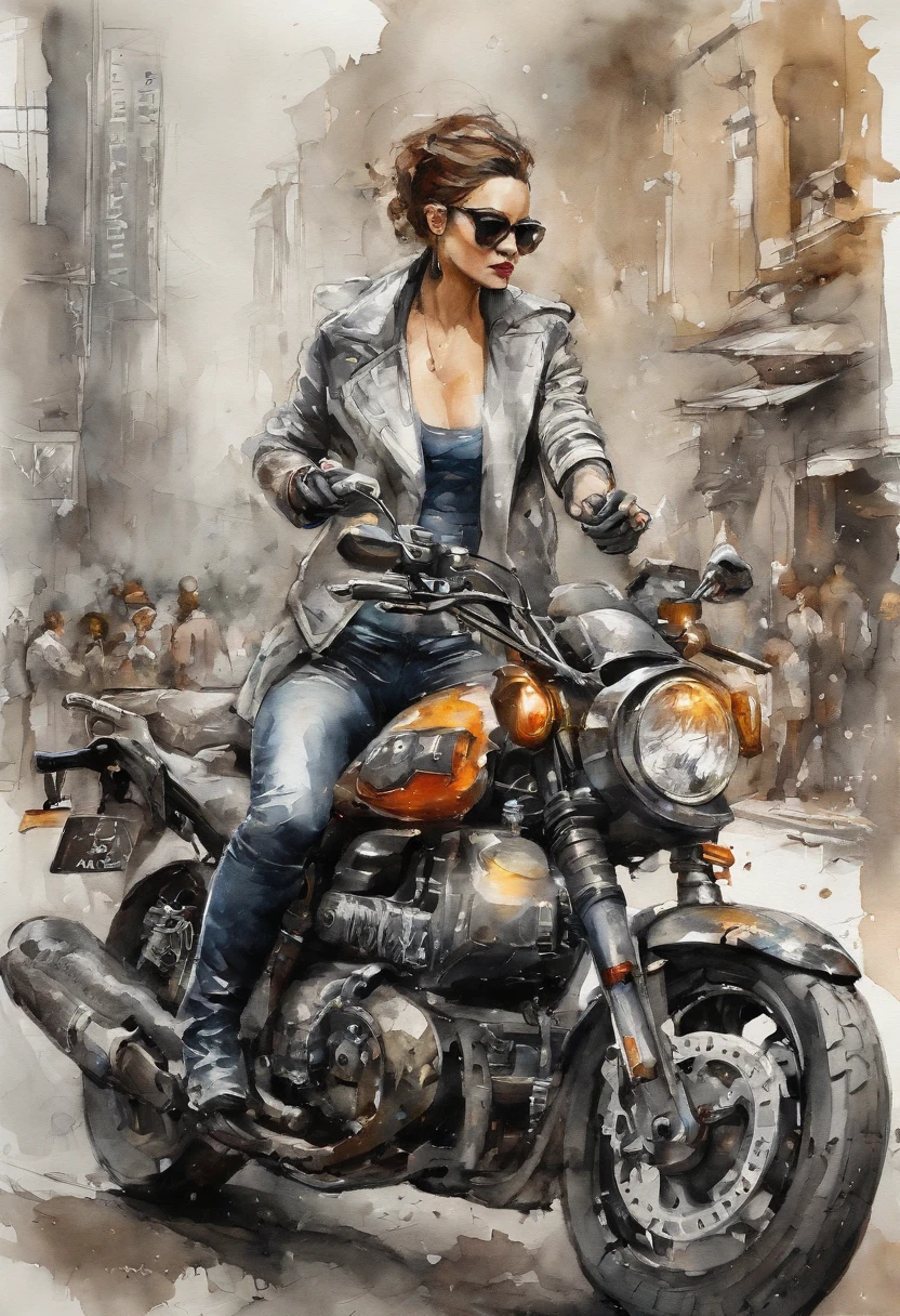 「((top-quality)), ((Best Retail)), (high level of detail: 1.3),。.。.。.。.3D、Beautiful fece（Cyberpunk Personality: 1.3）Hacker Woman、Female Spy、Riding a motorcycle,Ink painting