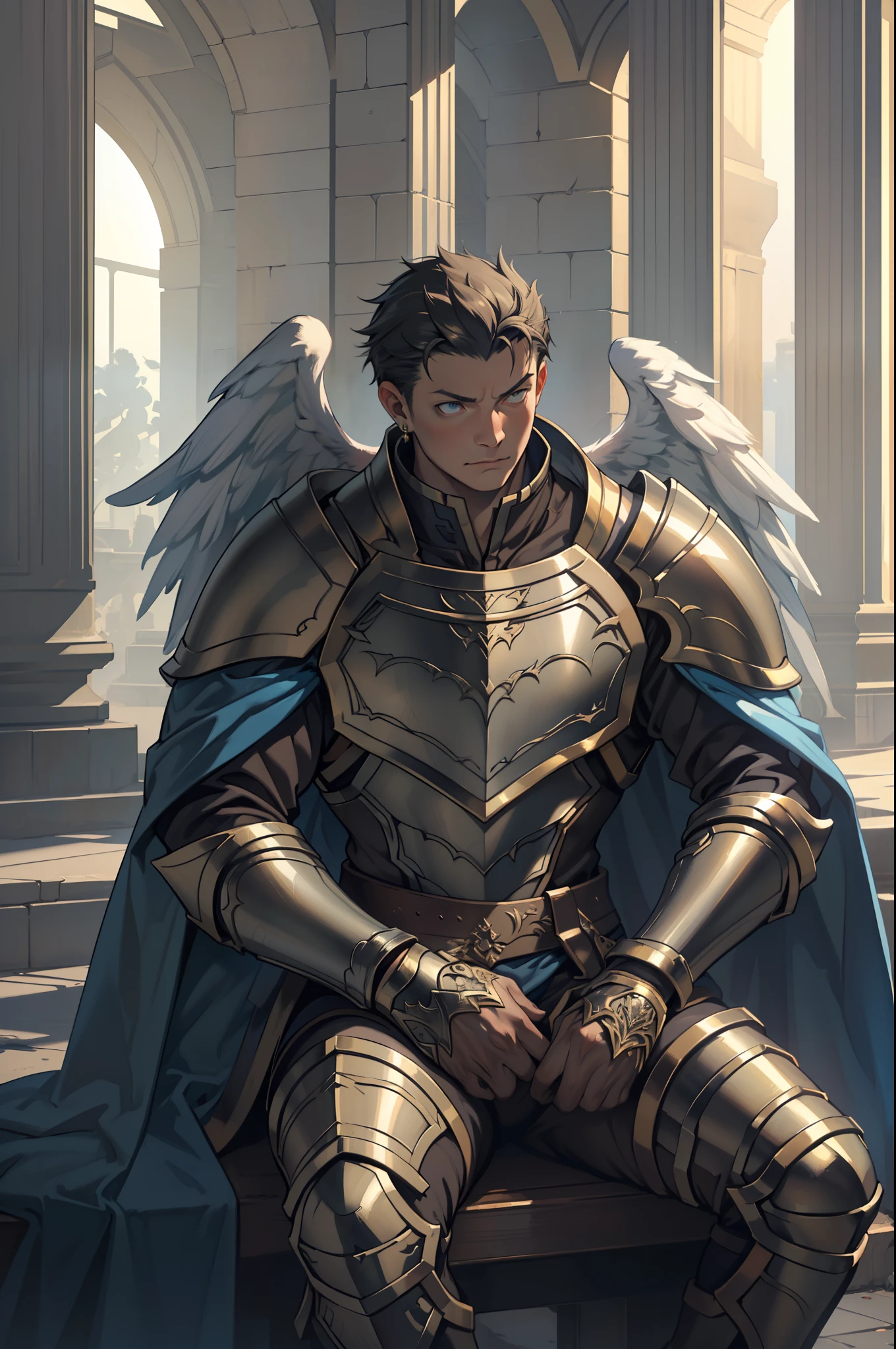 1 man,(sit astride),Masterpiece, Absurd, Award-winning photo, Extremely detailed, Amazing, masculine details, Extremely detailed eyes and face, author:Lee Jeffreys Nikon D850 Film Stock Photography 4 Kodak Portra 400 Camera F1.6 lens rich colors hyper realistic texture realistic lighting dramatic lighting unrealengine trend in artstation cinestill 800 tungsten, Young man, strong looking(( Archangel Warrior 1), large wings (1 Angel warrior big wings, cherubs in a gold armor and accessories, Golden wings, wearing AGF:1.1), (Redshift style:1.1), (Style, Realistic, photographed, professional, High contrast, 1boys, sit astride,Crotch view,expressive look, hdr, Highest quality, Sharp focus, looking at viewert, Facing the viewer, 8K, Blue eyes, Wearing (Male paladin_glam armor, armor decorated with jewels, paladin armor: 1.15), Final Fantasy XIV setting, ultra sharp resolution, Cinematic lighting, Sharp focus, (illustration: 1.1), Intricate,1 Archangel, Short-haired Catholic, wearing a robe and armor, sit astride,spread their legs,Golden, Silver, and broze, pondering over one with swords, Golden Hoop Stick, church in classical style, columns detail Corinthias poorly lit, hall bright lights, flashing lights,