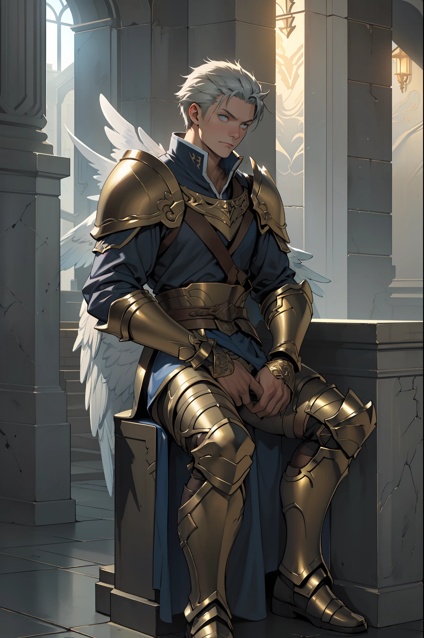 1 man,(sit astride),Masterpiece, Absurd, Award-winning photo, Extremely detailed, Amazing, masculine details, Extremely detailed eyes and face, author:Lee Jeffreys Nikon D850 Film Stock Photography 4 Kodak Portra 400 Camera F1.6 lens rich colors hyper realistic texture realistic lighting dramatic lighting unrealengine trend in artstation cinestill 800 tungsten, Young man, strong looking(( Archangel Warrior 1), large wings (1 Angel warrior big wings, cherubs in a gold armor and accessories, Golden wings, wearing AGF:1.1), (Redshift style:1.1), (Style, Realistic, photographed, professional, High contrast, 1boys, sit astride,Crotch view,expressive look, hdr, Highest quality, Sharp focus, looking at viewert, Facing the viewer, 8K, Blue eyes, Wearing (Male paladin_glam armor, armor decorated with jewels, paladin armor: 1.15), Final Fantasy XIV setting, ultra sharp resolution, Cinematic lighting, Sharp focus, (illustration: 1.1), Intricate,1 Archangel, Short-haired Catholic, wearing a robe and armor, sit astride,spread their legs,Golden, Silver, and broze, pondering over one with swords, Golden Hoop Stick, church in classical style, columns detail Corinthias poorly lit, hall bright lights, flashing lights,