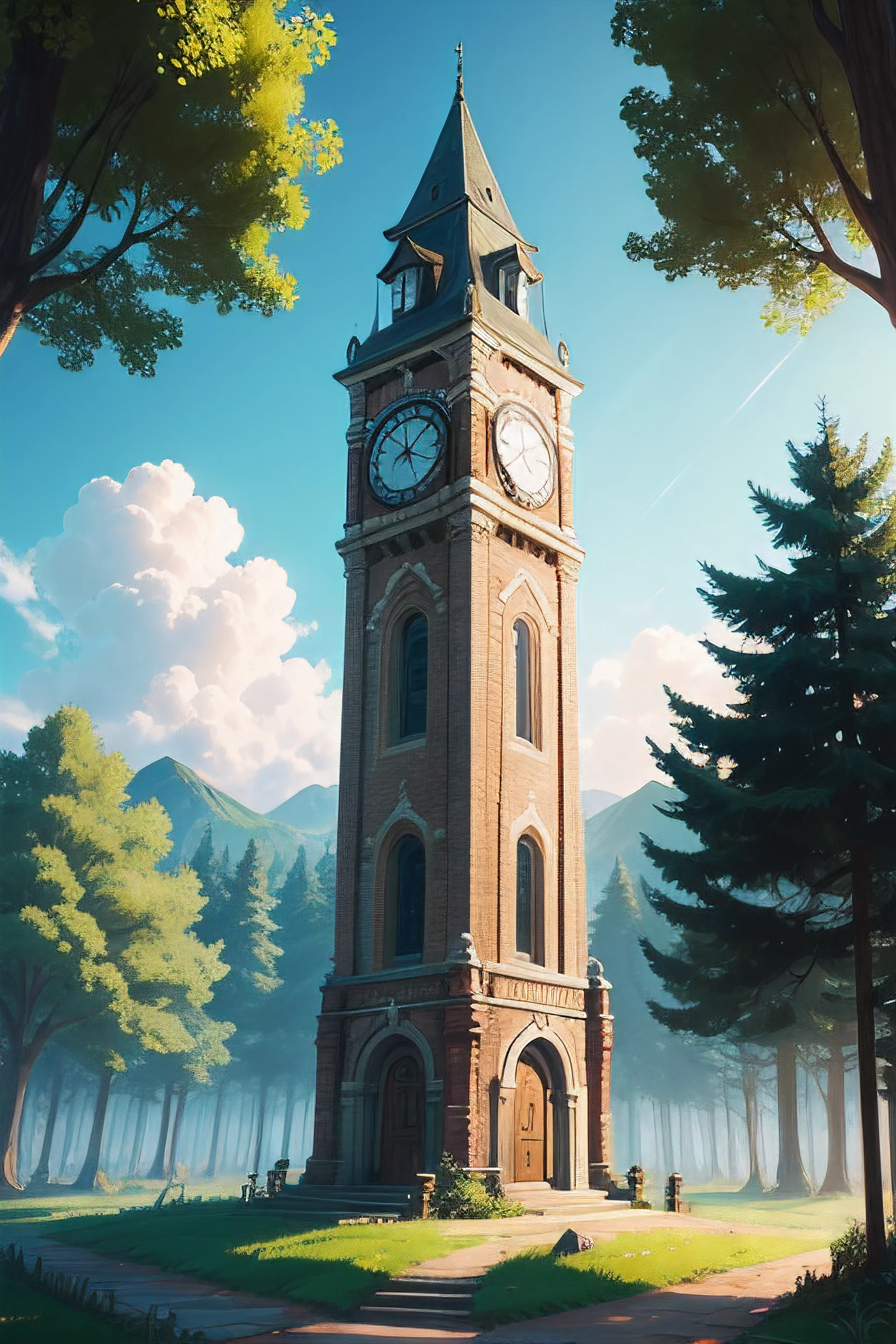 botw style, A clock tower standing tall in a small town within the forest