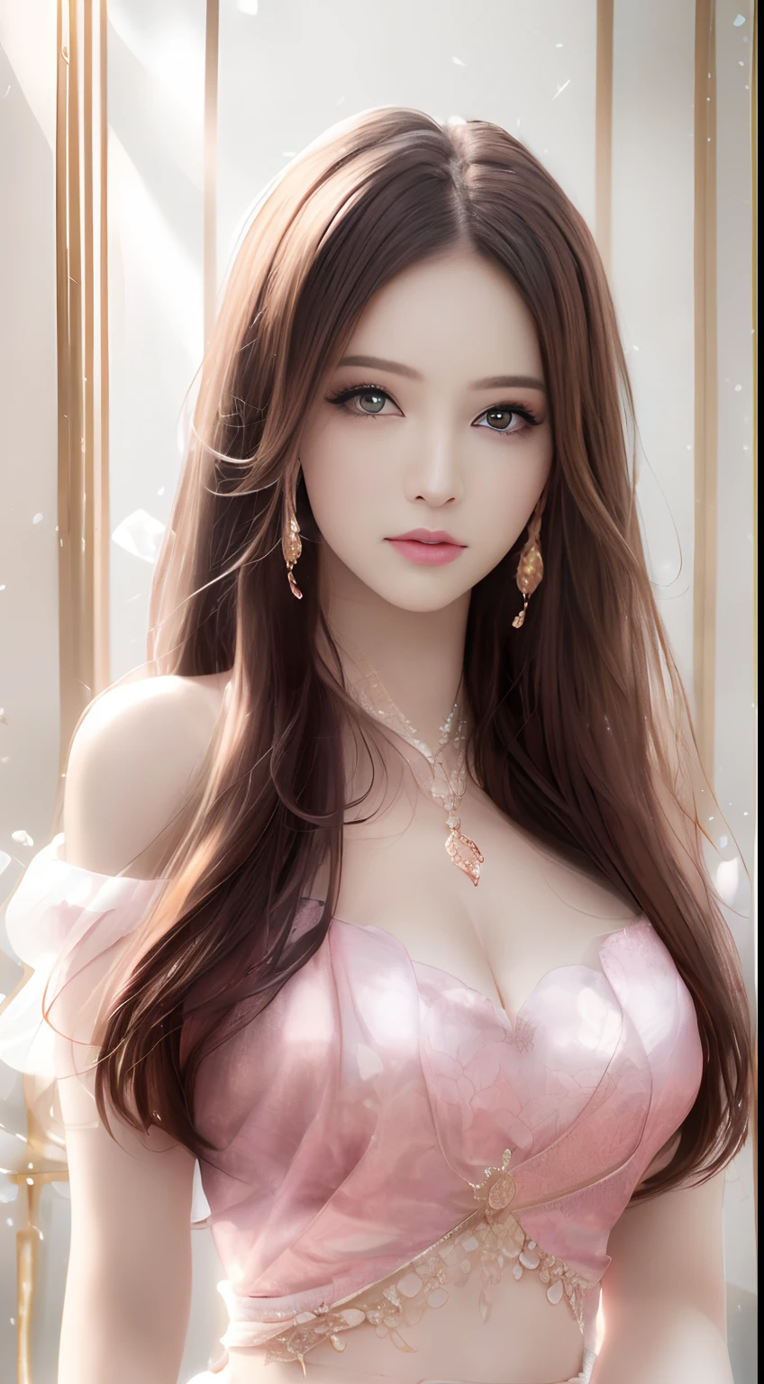 best qualtiy,tmasterpiece,A high resolution,1girll,Dingdall effect,realisticlying,edge lit,twotonelighting,(highdetailskin:1.2),8K UHD,Pure,Sweet,Flower background,Colorful background,Based on physical rendering,Perfect light and shadow,extreme hight detail,Pink tones,Eye reflections,Raised sexy,perfect bodies,Superb beauty,largeeyes,long eyelasher,Delicate eyes,large shiny eyes,Minor pupillary reflexes,Shoulder and neck details,The pupil texture is delicate,Perfect eyes,Black pupils,best qualtiy,tmasterpiece,16k,A picture,head portrait,Bigchest,longer sleeves,Take care of your chest,Large breasts,Delicate avatar