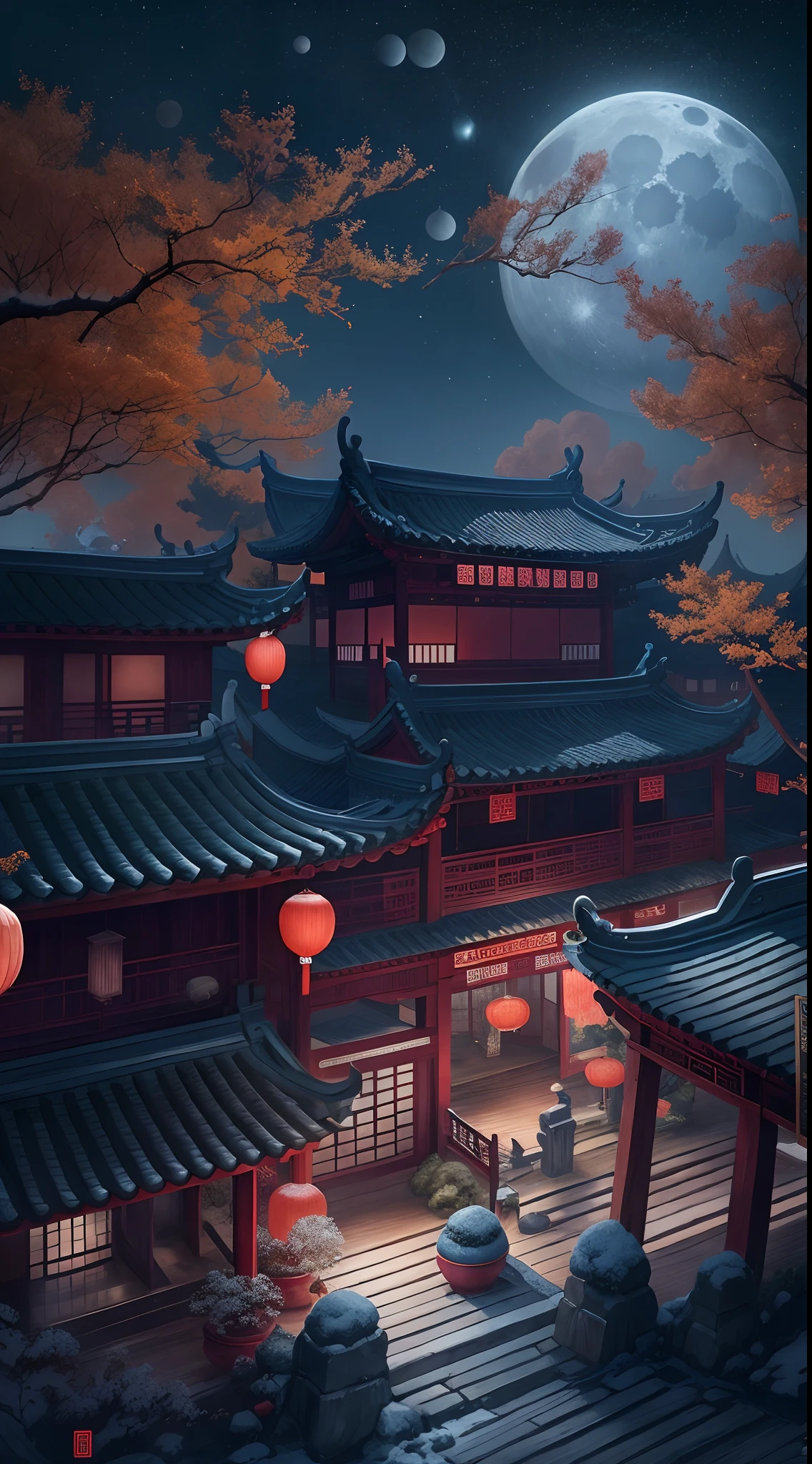 Surreal CG rendering ancient China,Jiangnan ancient buildings and ancient towns have Yaolin wonderland。the night,the huge moon,The stars are bright,The smoke is fascinating,Maple and milk leaves are trees。snow landscape。k hd