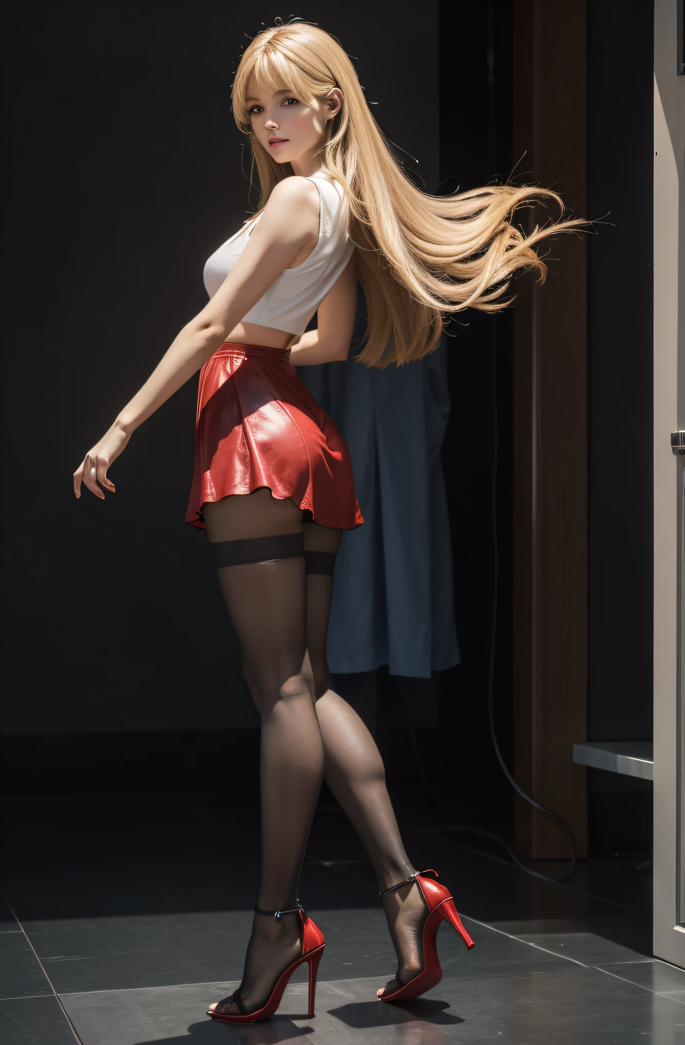 (full entire body:1.5),(1girls:1.3),(Sehen Sie sich den Viewer an:1.4),(Anatomie richtig:1.4),(Blickdichte Strumpfhose und spitze, thick heels :1.3),(Tanzen im Krankenhaus:1.2),(Tragen Sie einen roten, polierten, ultrakurzen Rock:1.2),(Extra langes blondes Haar:1.2),(Precise and perfect face:1.3),(Long legs and big feet:1.3),hyper HD, Rochen-Traching, Reflektierendes Licht, strukturell korrekt, awards winning, Hohe Detailgenauigkeit, Farbkontrast aufhellen, Gesichtsbeleuchtung ,Filmische Beleuchtung, Meisterwerk, Super Detaillierung, High quality, Hohe Detailgenauigkeit, best quality, 16k,Hoher Kontrast,