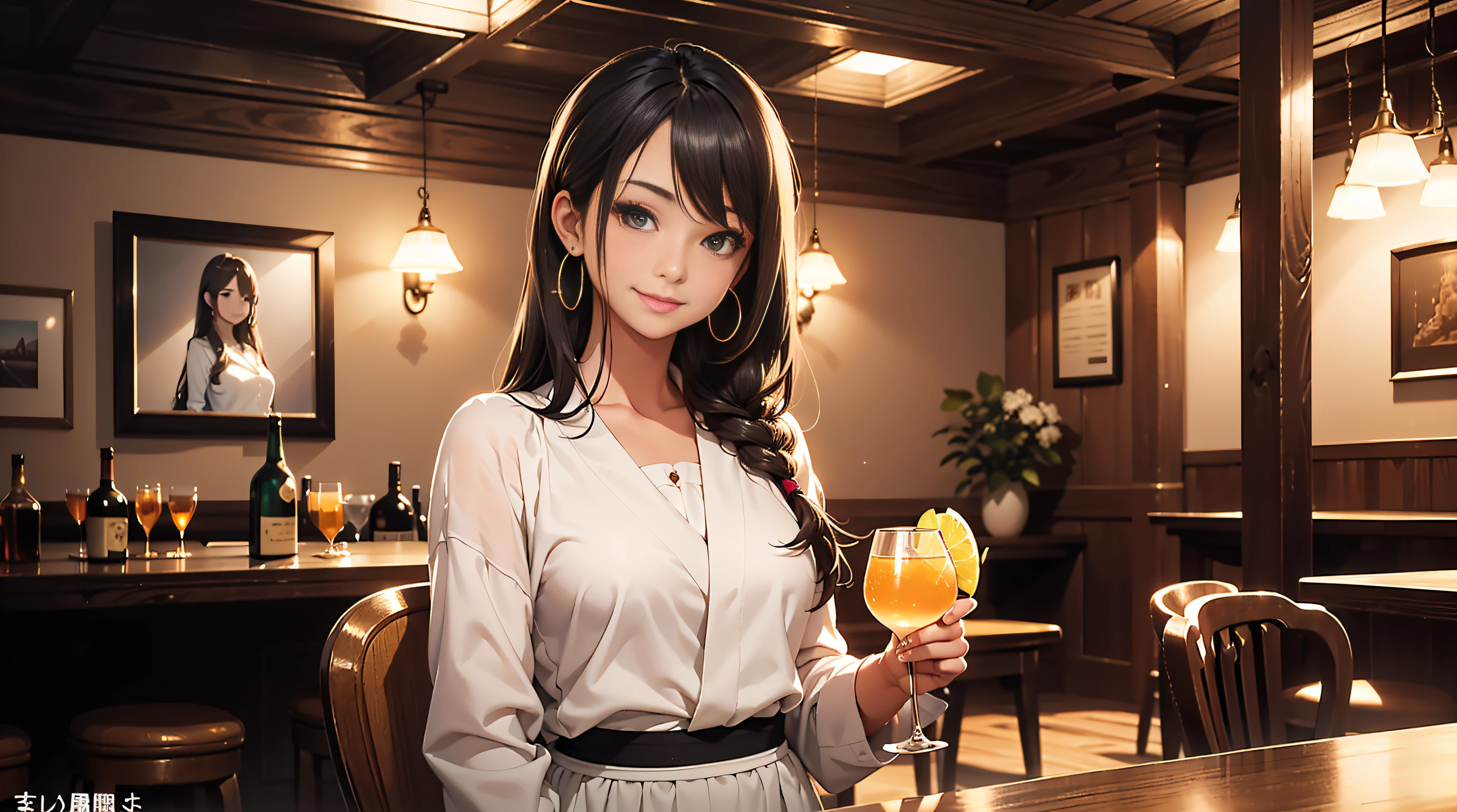 femele(in her 20s、age 30s、Beautiful sister、Beautie)、hairstyle on(long、midiam、Variety of hairstyles、Japanese hair、hair adornments)、Hair color(Black、Brownish、argent、golden colored)、faces(Gentle、Cute smile、Lovely smile、Opening Mouth、kawaii eyes、dual)、body type(Perfect Style、Long body、Beautiful nose、Beautiful legs、Beautiful skins、Medium chest)、garments(Office Suits、White trousers)、The location(Tavern at night、There is alcohol、There is food)、action(eats、drink、Laughing)、qulity(in 8K、Best Quality、masutepiece, 超A high resolution, (Photorealistic:1.4), Raw photo)、An ultra-high picture quality、ultra-quality、ultra-fine drawing、ultra-detailliert、Extremely detailed、Finely detailed、Realistic、Beautiful、Best aesthetic、dark colored、natural soft light、fullHD、Ultra-delicate images、Ultra-detailed details、masutepiece、Best Shots、The whole picture、