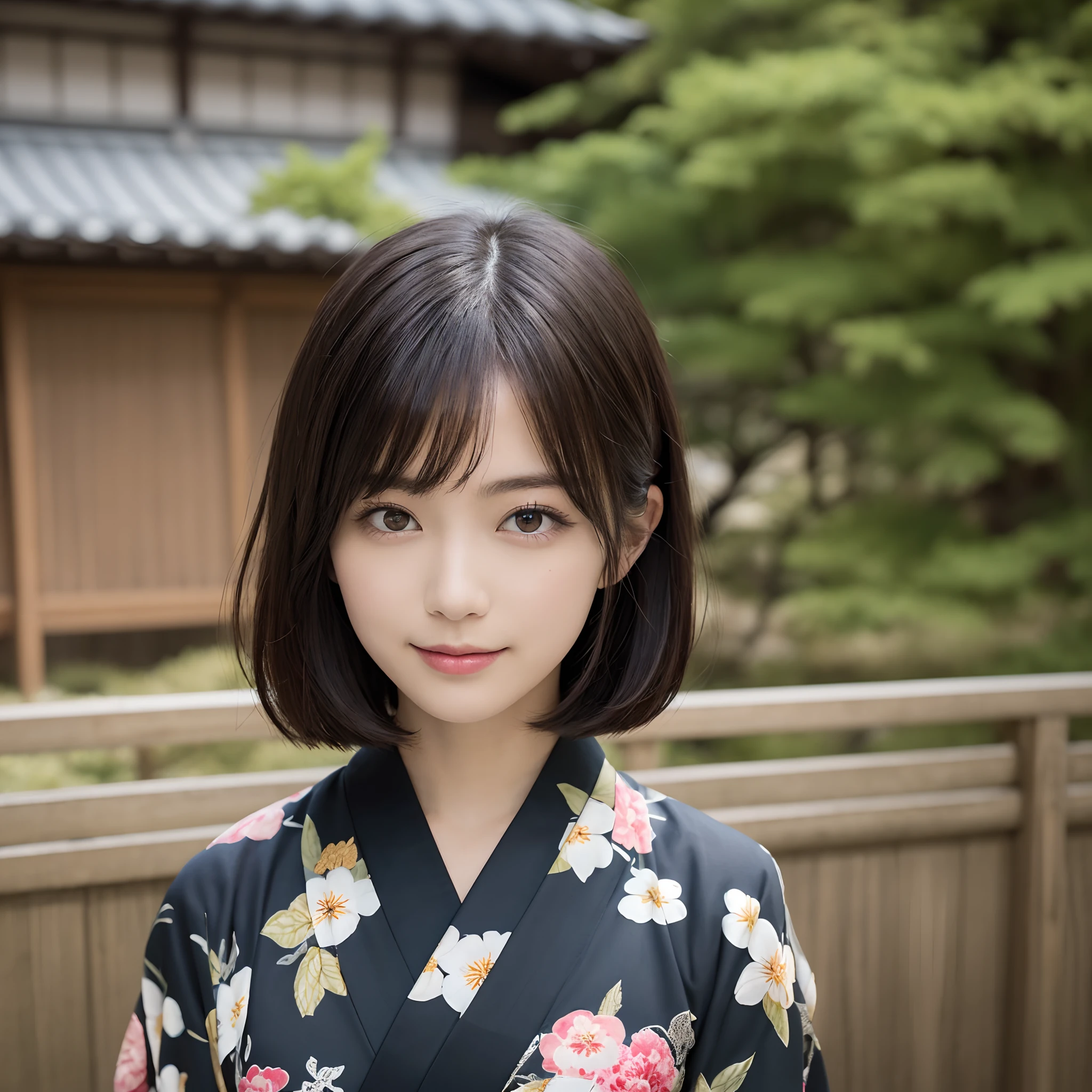 masutepiece, Best Quality, illstration, Ultra-detailed, finely detail, hight resolution, 8K quality wallpapers, Perfect dynamic composition, Beautiful detailed eyes, Kimono, Appearance of a well-formed kimono, (Black Shorthair), A slight smil, Looking at the camera, Kyoto Uzumasa Studio Park
