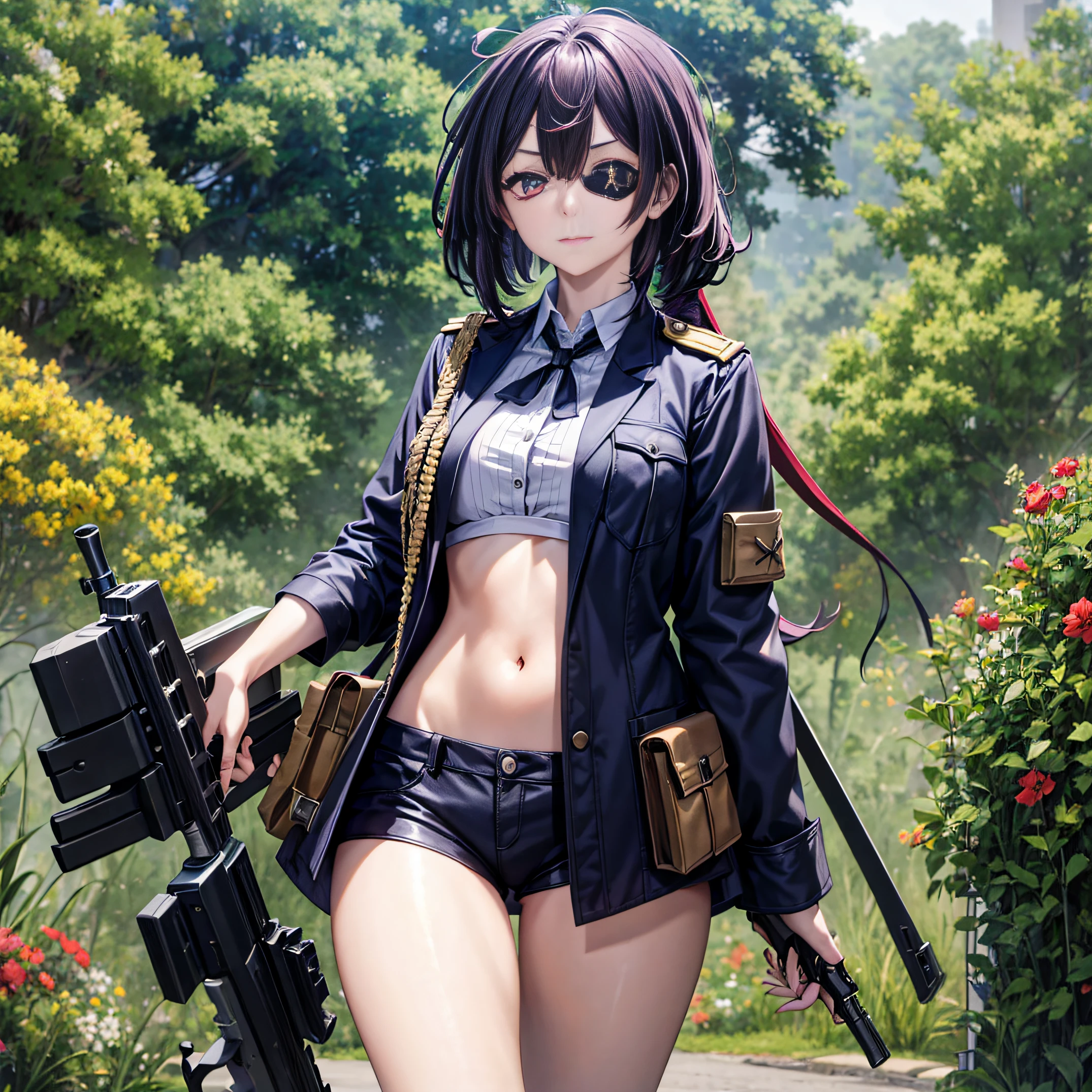 Girls aged 17-20,countenance、The figure can be more mature, Gun-bearing weapons,Large firearms;Shawl long-sleeved military uniform,Wear a shirt underneath,mechs;There is an eye patch;Some elements of the Nordic style are retained;briefcase,full bodyesbian,solo person