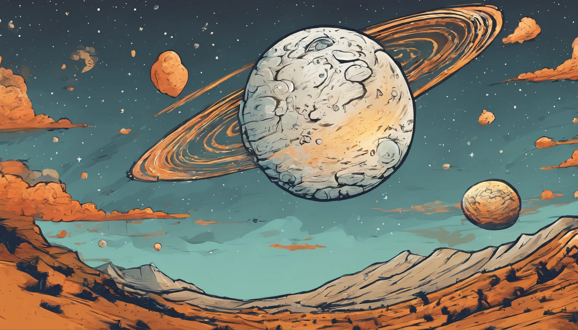 Un asteroide encadenado arrastrando una estrella, logotipo, estilo caricatura, arte abstracto