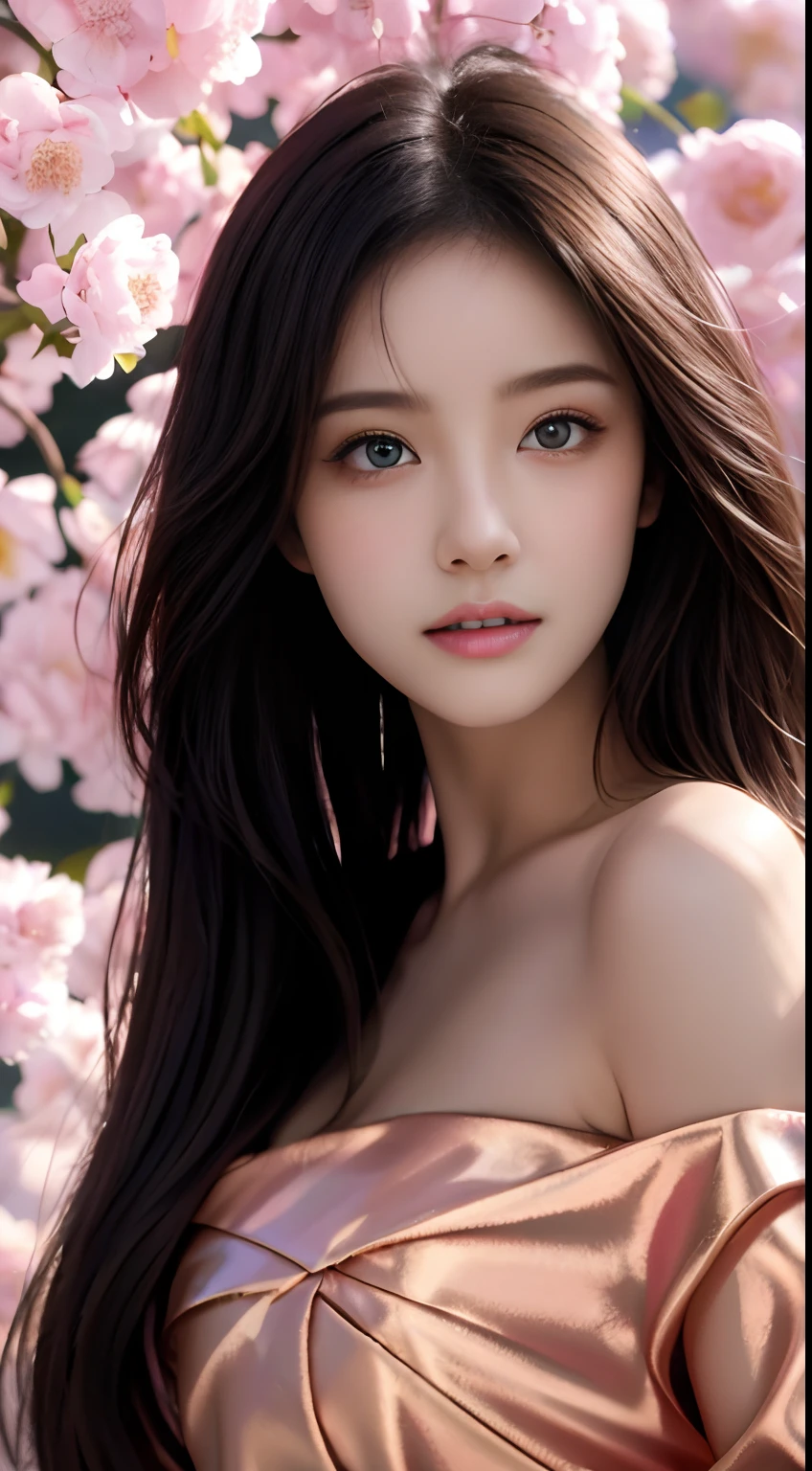 best qualtiy，tmasterpiece，A high resolution，1girll，Dingdall effect，realisticlying，edge lit，twotonelighting，（highdetailskin：1.2），8K  UHD，Pure，Sweet，Flower background，Colorful background，Based on physical rendering，Perfect light and shadow，extreme hight detail，Pink tones，Eye reflections，Raised sexy，perfect bodies，Superb beauty，largeeyes，long eyelasher，Delicate eyes，large shiny eyes，Minor pupillary reflexes，Shoulder and neck details，The pupil texture is delicate，Perfect eyes，Black pupils，best qualtiy，tmasterpiece，16k，A picture，head portrait，Bigchest，longer sleeves，Take care of your chest，Large breasts，Delicate avatar