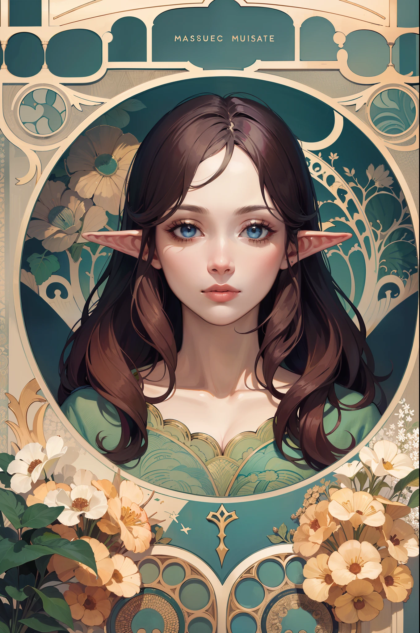 (Masterpiece, Best Quality, Highres:1.4), Elf girl, Detailed, Intricate Details, 4K, art nouveau style, line art, art, fibonacci, alphons mucha