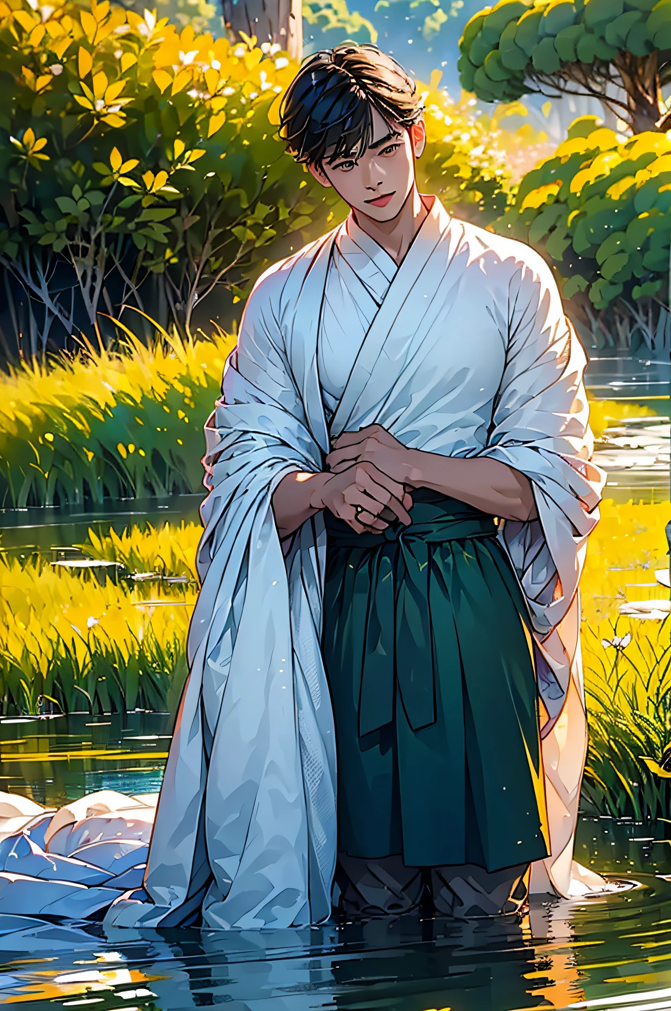 (in 8K、top-quality、masterpiece:1.2)、1 boy、short-haired、Hair short、Brown-skinned、Green View、