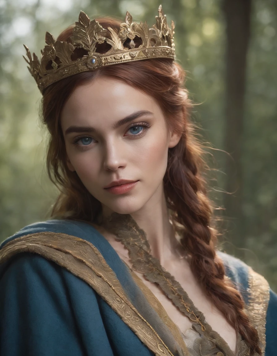 Woman with an ice tiara on her head and a navy blue winter cloak with golden details, RPG personagem, Medieval era,Mulher elfa. Red-haired Elf, Blue Eyes,Forest Elf, Medieval Archer,Bow and Arrow,Moss Green Armor,soft illumination,Standing in the middle of the forest,Dense forest, fantastic setting,Daylight,Sunlight,Warm color enhancements,Blue and yellow green palette, Guweiz style artwork, extremely detailed artgerm, detailed castle background, hyper detailed, by lee jeffries, ultra-detalhado, (pele altamente detalhada: 1.2), 8k UHD, DSLR, soft ilumination, alta qualidade,modelo ig | artgerm,rossdraws, obra de arte no estilo de guweiz, foto sincera POV, por lee jeffries, Nikon d850, filme fotografia de estoque ,4 kodak portra 400, F1 camera lens,cores ricas, hiper realista, textura realista, lighting dramatic, cinestill 800