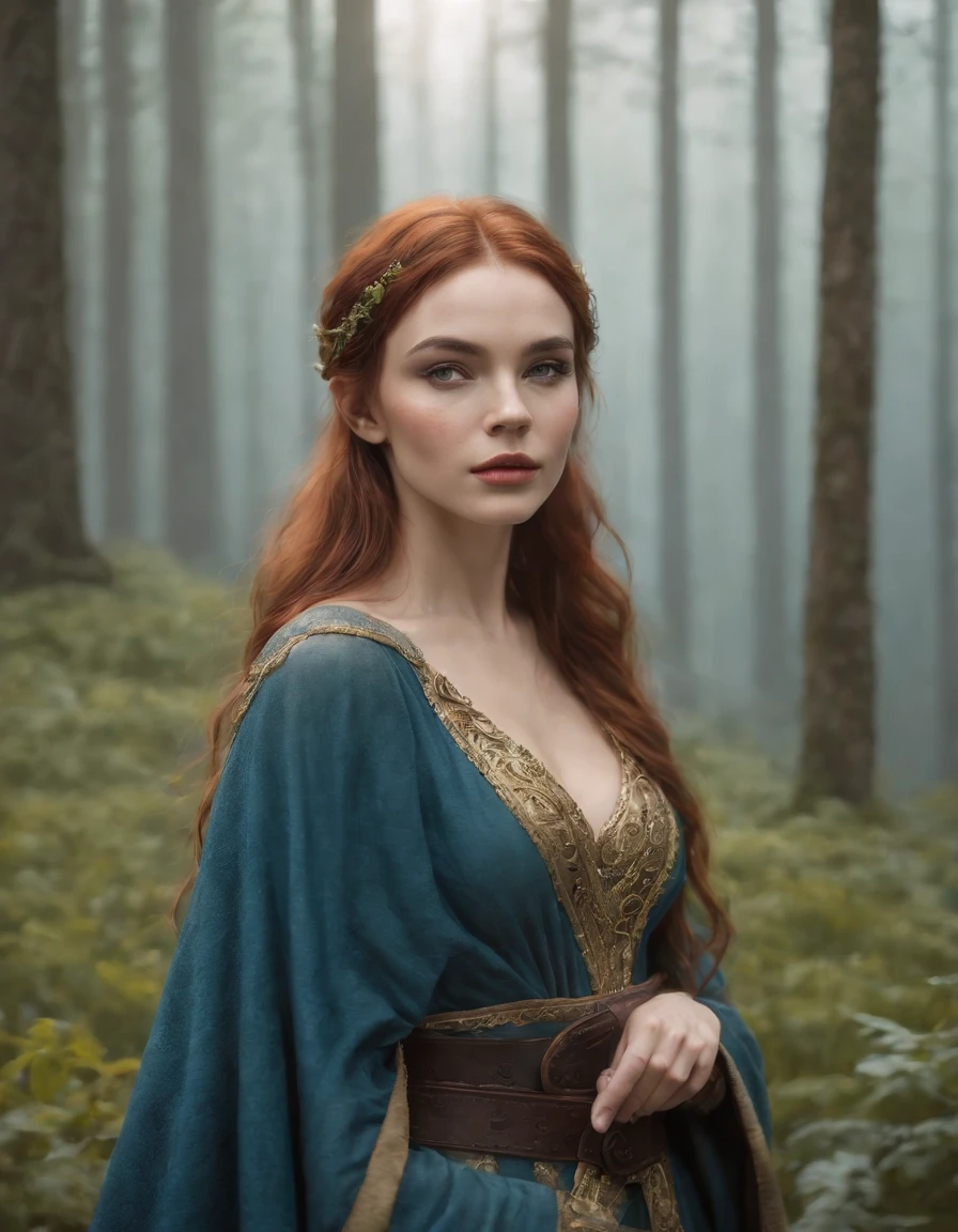 Woman with an ice tiara on her head and a navy blue winter cloak with golden details, RPG personagem, Medieval era,Mulher elfa. Red-haired Elf, Blue Eyes,Forest Elf, Medieval Archer,Bow and Arrow,Moss Green Armor,soft illumination,Standing in the middle of the forest,Dense forest, fantastic setting,Daylight,Sunlight,Warm color enhancements,Blue and yellow green palette, Guweiz style artwork, extremely detailed artgerm, detailed castle background, hyper detailed, by lee jeffries, ultra-detalhado, (pele altamente detalhada: 1.2), 8k UHD, DSLR, soft ilumination, alta qualidade,modelo ig | artgerm,rossdraws, obra de arte no estilo de guweiz, foto sincera POV, por lee jeffries, Nikon d850, filme fotografia de estoque ,4 kodak portra 400, F1 camera lens,cores ricas, hiper realista, textura realista, lighting dramatic, cinestill 800