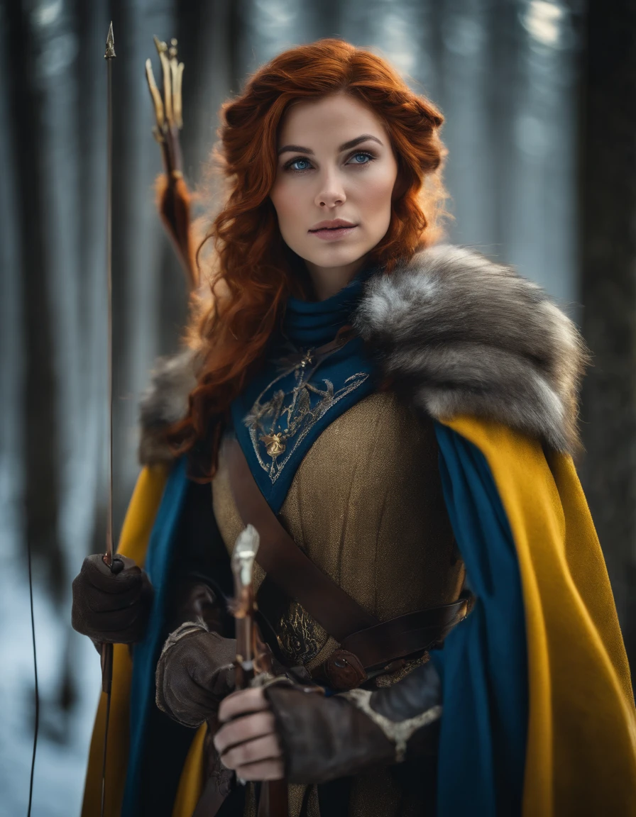 Woman with an ice tiara on her head and a navy blue winter cloak with golden details, RPG personagem, Medieval era,Mulher elfa. Red-haired Elf, Blue Eyes,Forest Elf, Medieval Archer,Bow and Arrow,Moss Green Armor,soft illumination,Standing in the middle of the forest,Dense forest, fantastic setting,Daylight,Sunlight,Warm color enhancements,Blue and yellow green palette, Guweiz style artwork, extremely detailed artgerm, detailed castle background, hyper detailed, by lee jeffries, ultra-detalhado, (pele altamente detalhada: 1.2), 8k UHD, DSLR, soft ilumination, alta qualidade,modelo ig | artgerm,rossdraws, obra de arte no estilo de guweiz, foto sincera POV, por lee jeffries, Nikon d850, filme fotografia de estoque ,4 kodak portra 400, F1 camera lens,cores ricas, hiper realista, textura realista, lighting dramatic, cinestill 800