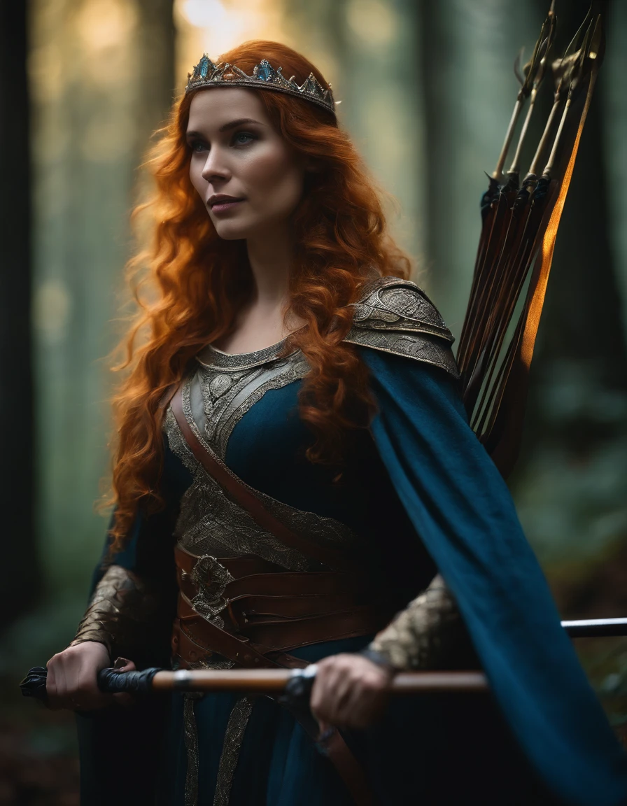 Woman with an ice tiara on her head and a navy blue winter cloak with golden details, RPG personagem, Medieval era,Mulher elfa. Red-haired Elf, Blue Eyes,Forest Elf, Medieval Archer,Bow and Arrow,Moss Green Armor,soft illumination,Standing in the middle of the forest,Dense forest, fantastic setting,Daylight,Sunlight,Warm color enhancements,Blue and yellow green palette, Guweiz style artwork, extremely detailed artgerm, detailed castle background, hyper detailed, by lee jeffries, ultra-detalhado, (pele altamente detalhada: 1.2), 8k UHD, DSLR, soft ilumination, alta qualidade,modelo ig | artgerm,rossdraws, obra de arte no estilo de guweiz, foto sincera POV, por lee jeffries, Nikon d850, filme fotografia de estoque ,4 kodak portra 400, F1 camera lens,cores ricas, hiper realista, textura realista, lighting dramatic, cinestill 800