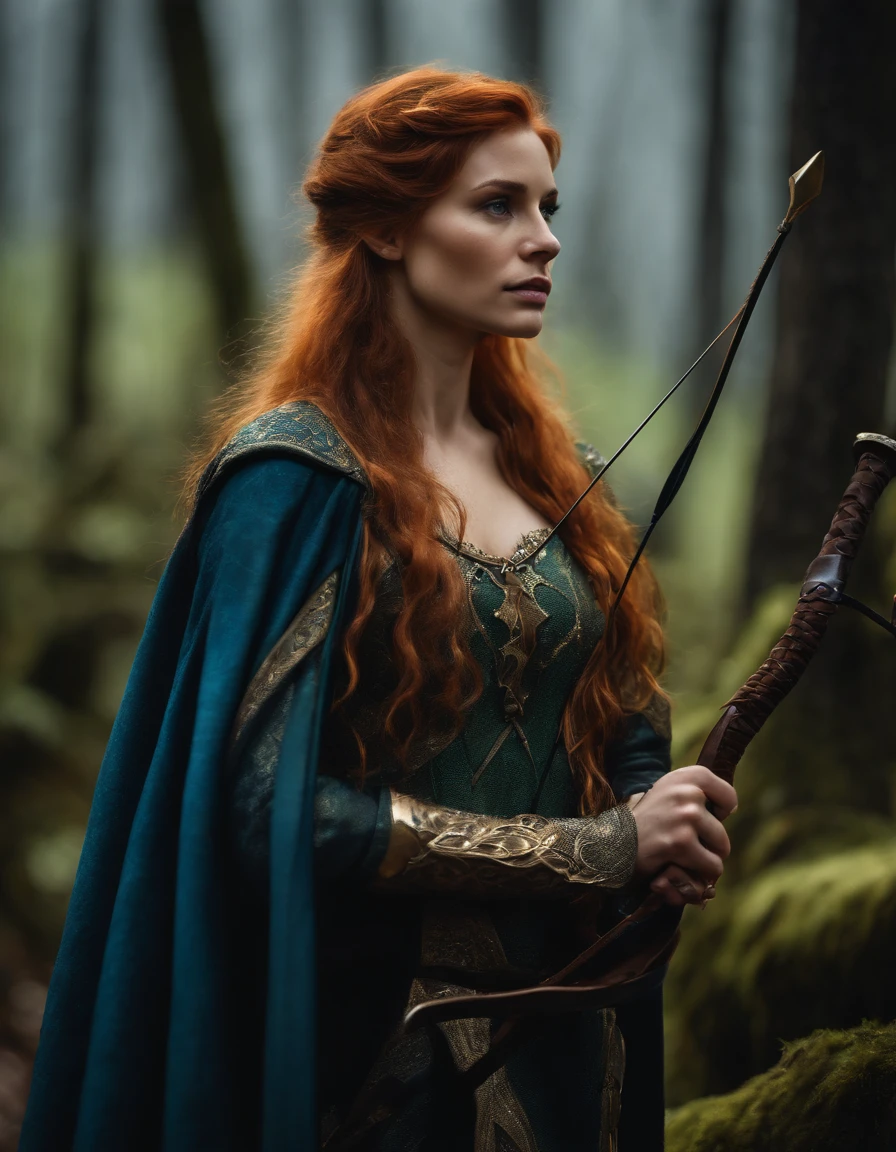 Woman with an ice tiara on her head and a navy blue winter cloak with golden details, RPG personagem, Medieval era,Mulher elfa. Red-haired Elf, Blue Eyes,Forest Elf, Medieval Archer,Bow and Arrow,Moss Green Armor,soft illumination,Standing in the middle of the forest,Dense forest, fantastic setting,Daylight,Sunlight,Warm color enhancements,Blue and yellow green palette, Guweiz style artwork, extremely detailed artgerm, detailed castle background, hyper detailed, by lee jeffries, ultra-detalhado, (pele altamente detalhada: 1.2), 8k UHD, DSLR, soft ilumination, alta qualidade,modelo ig | artgerm,rossdraws, obra de arte no estilo de guweiz,  foto sincera POV, por lee jeffries, Nikon d850, filme fotografia de estoque ,4 kodak portra 400, F1 camera lens,cores ricas, hiper realista, textura realista, lighting dramatic, cinestill 800