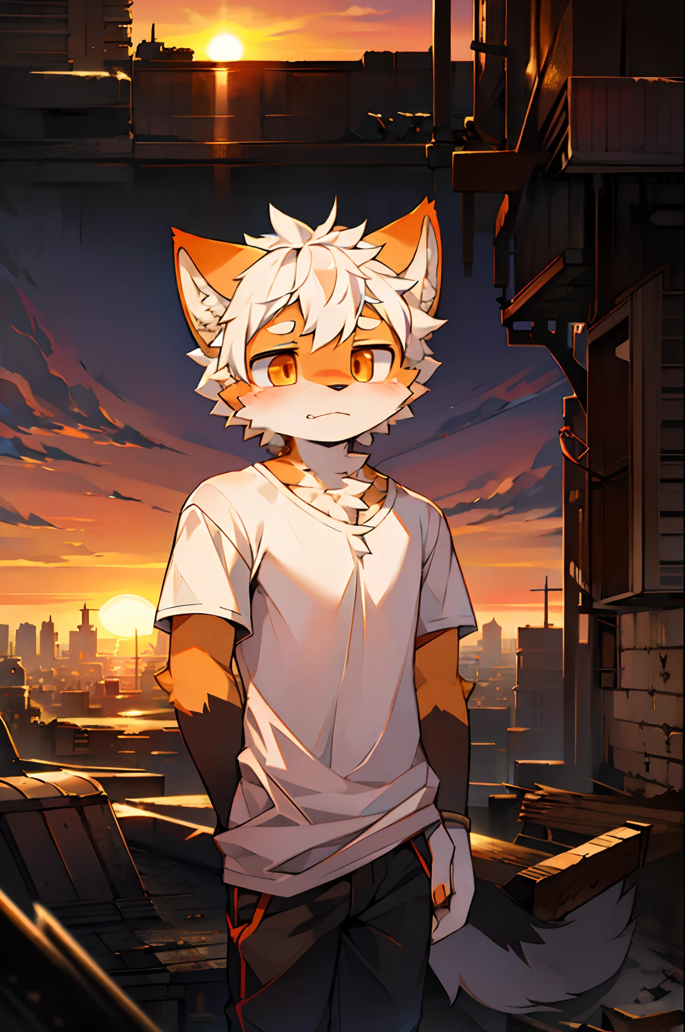 furry,fur,body fur,solo,male,(Sad face),((sunrise,horizon,abandon city far away)),short sleeves,character focus,face focus,white shirt,white hair, orange fur,orange eyes,BREAK,aoeu