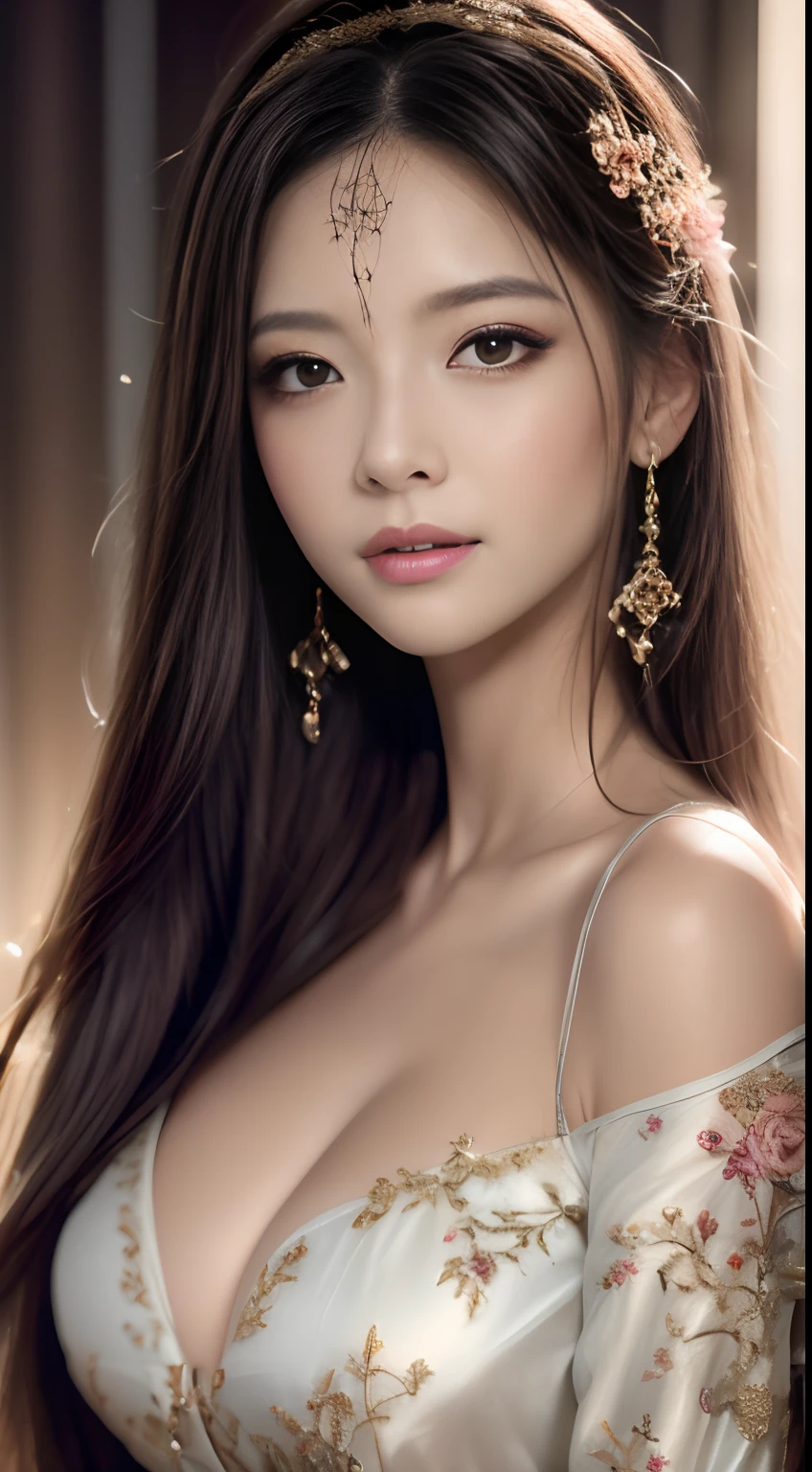 best qualtiy，tmasterpiece，A high resolution，1girll，Dingdall effect，realisticlying，edge lit，twotonelighting，（highdetailskin：1.2），8K  UHD，Pure，Sweet，Flower background，Colorful background，Based on physical rendering，Perfect light and shadow，extreme hight detail，Pink tones，Eye reflections，Raised sexy，perfect bodies，Superb beauty，largeeyes，long eyelasher，Delicate eyes，large shiny eyes，Minor pupillary reflexes，Shoulder and neck details，The pupil texture is delicate，Perfect eyes，Black pupils，best qualtiy，tmasterpiece，16k，A picture，head portrait，Bigchest，longer sleeves，Take care of your chest，Large breasts，Delicate avatar