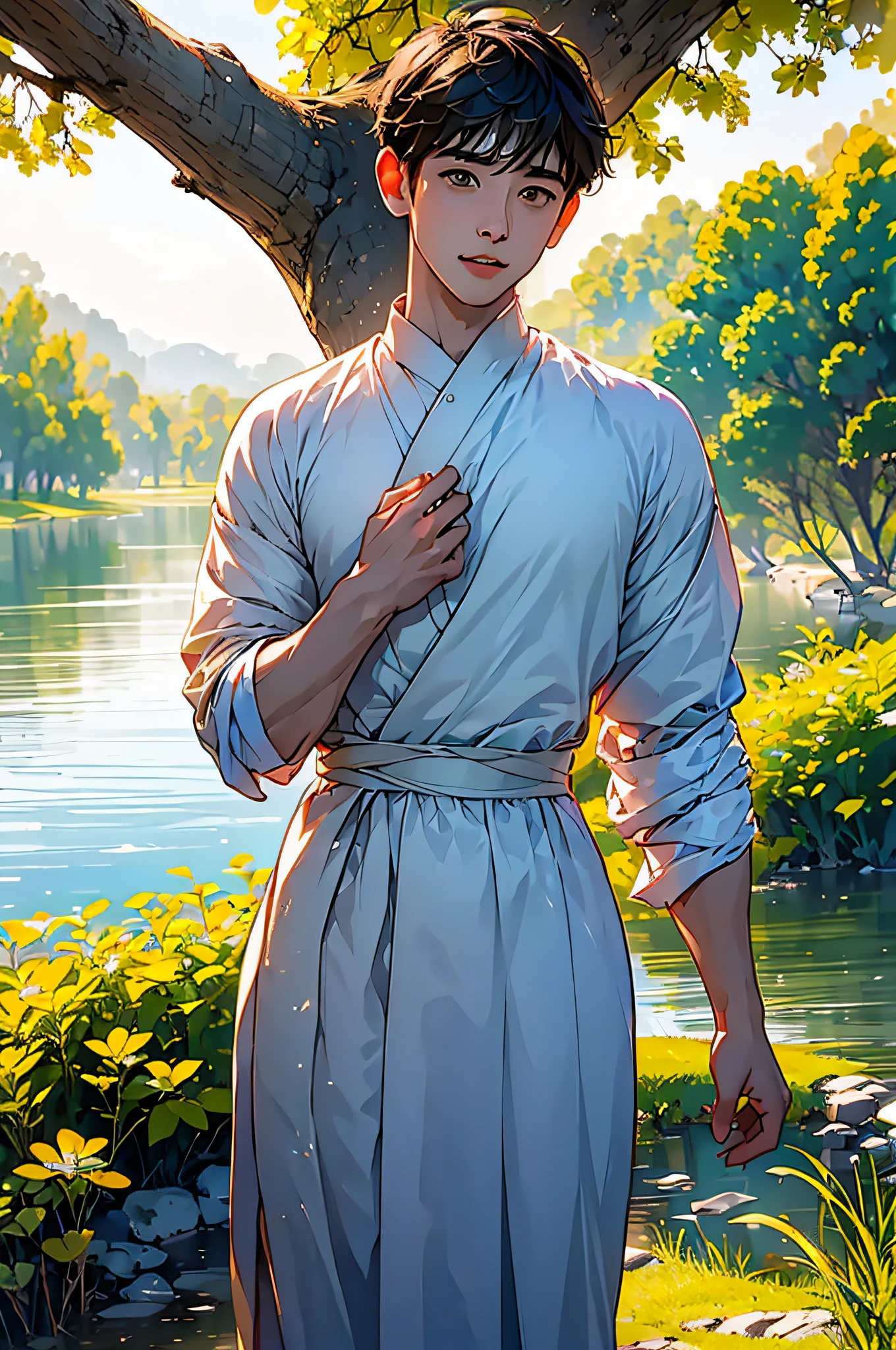(in 8K、top-quality、​masterpiece:1.2)、1 boy、short-haired、Hair short、Brown-skinned、Green View、