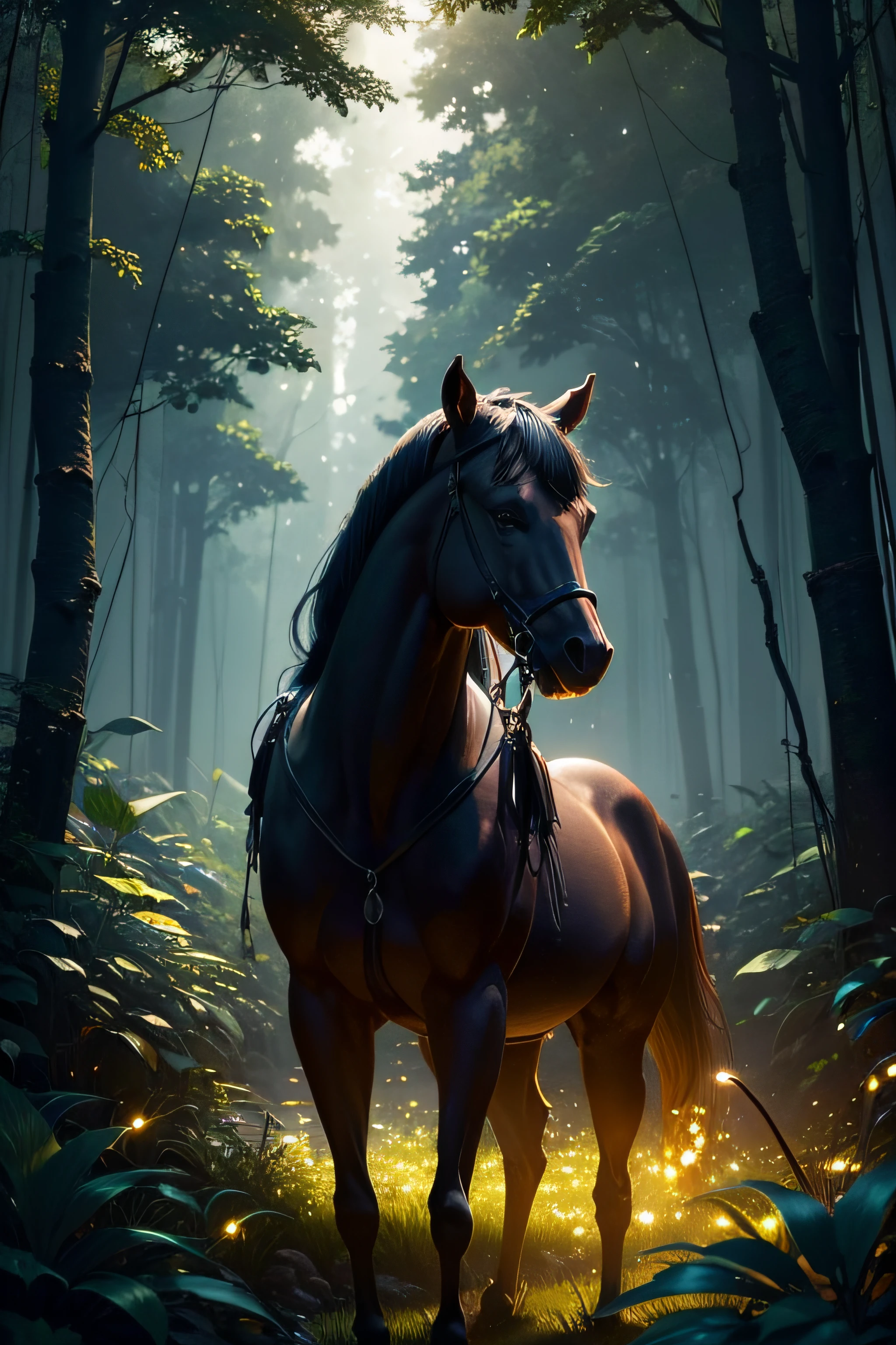 a beutiful glowing jungle in night with glowing flowers, fireflies, natural elements in the forest theme. a glowing horse near a mysterious lake, Mysterious forest, beautiful forest, nature hd , (jungle theme), (leaves), (twigs), (fireflies), (particle effects), 8k , realistic, Masterpiece, best quality, (very detailed CG unity 8k wallpaper), (best quality), (best illustration), (best shadows)