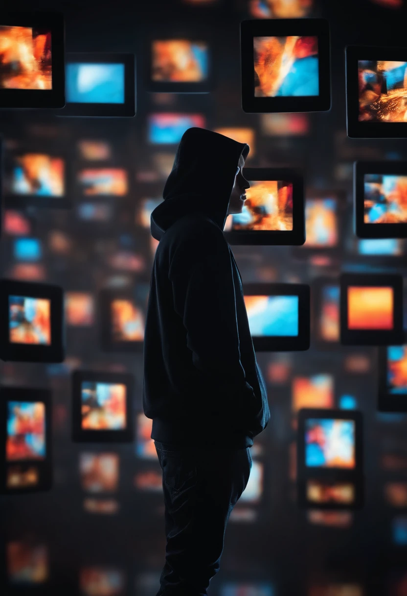 dark background,many bright square screens floated in the air and surrounded a male teenager who wears a black hoodie standing in the middle and looking at the screen