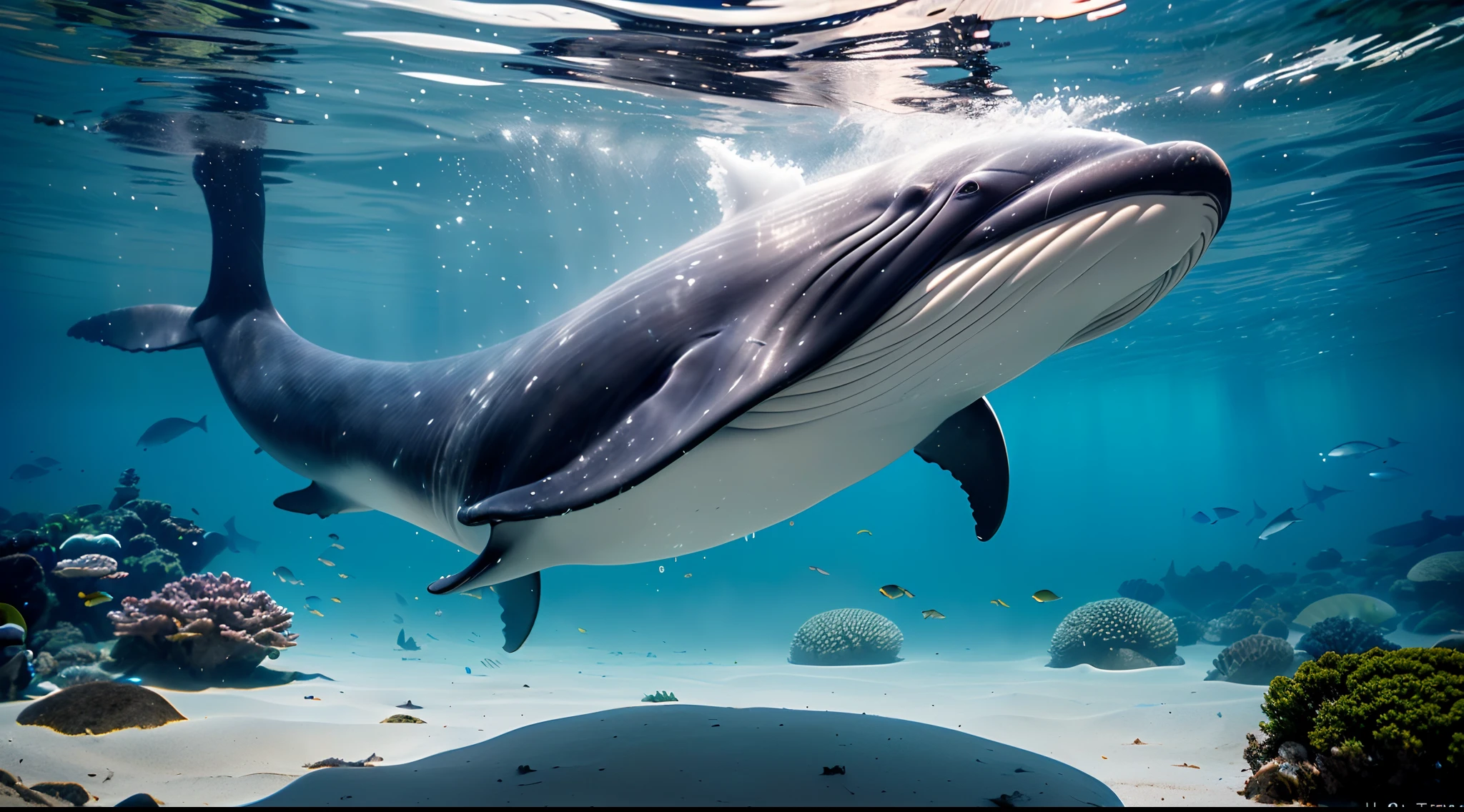 pixar-style，Masterpiece,high qulity,Highest high resolution,Complicated details，Very cute baby whale，，Swim freely in the sea，Clear, realistic water，Ray traching，realisitic