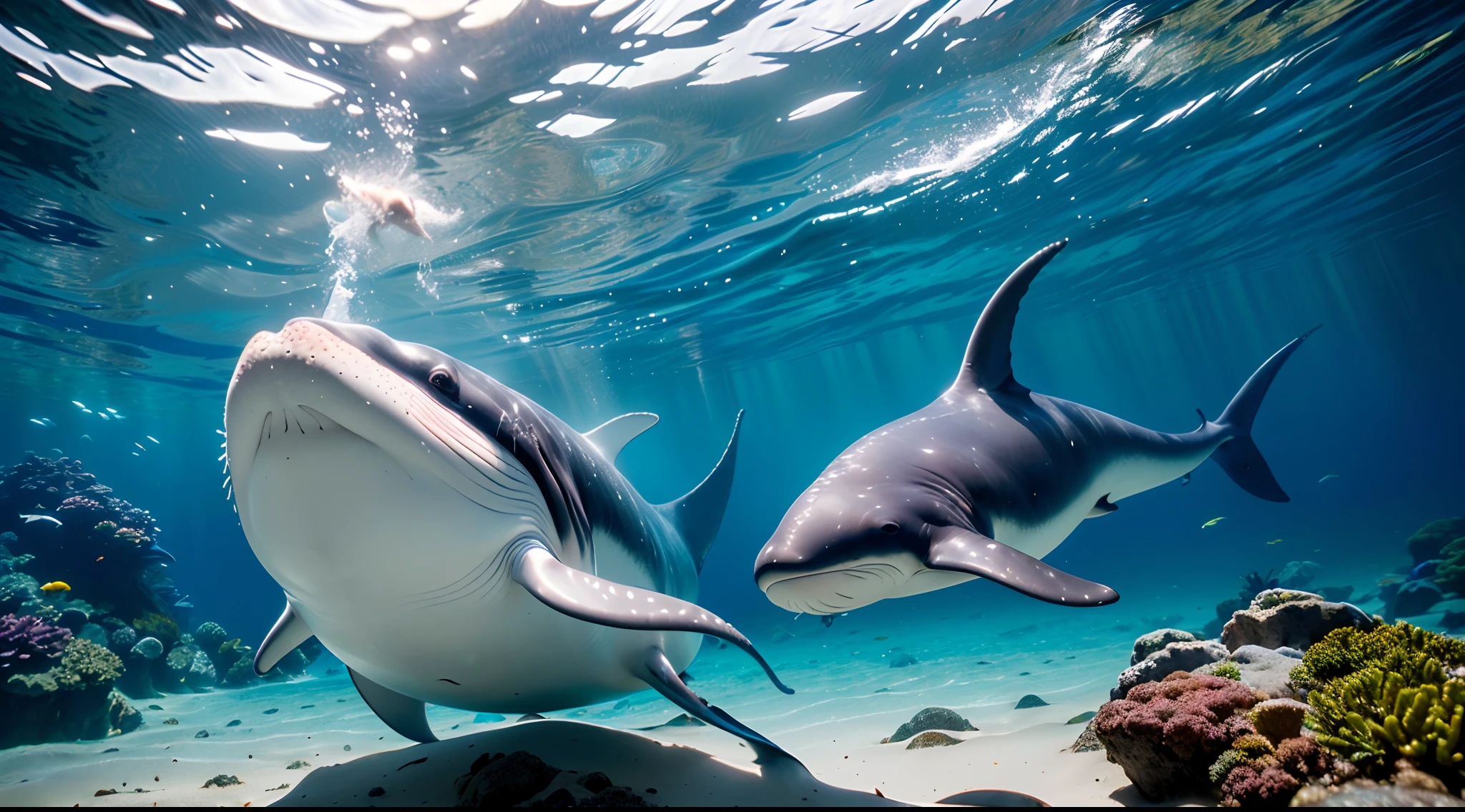 pixar-style,Masterpiece,high qulity,Highest high resolution,Complicated details,Very cute baby whale,,Swim freely in the sea,Clear, realistic water,Ray traching,realisitic