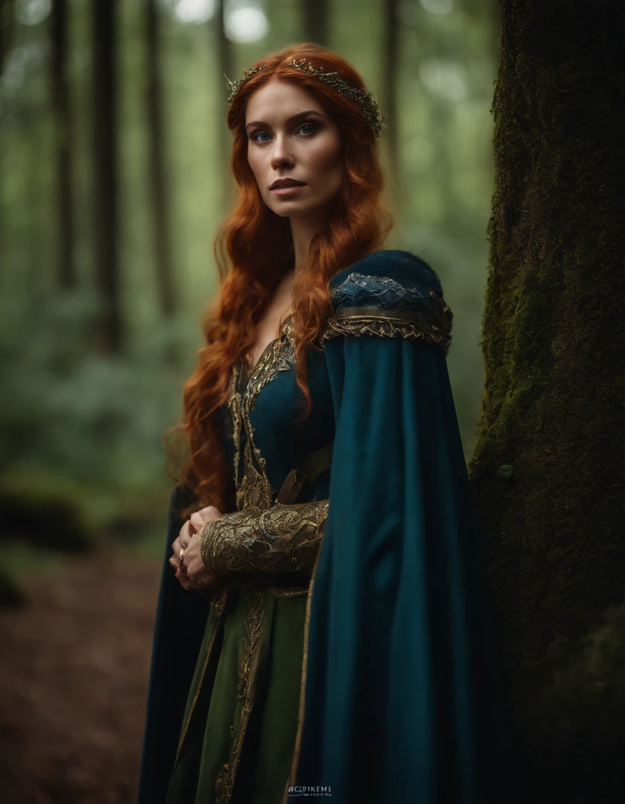 Woman with an ice tiara on her head and a navy blue winter cloak with golden details, RPG personagem, Medieval era,Mulher elfa. Red-haired Elf, Blue Eyes,Forest Elf, Moss Green Armor,soft illumination,Standing in the middle of the forest,Dense forest, fantastic setting,Daylight,Sunlight,Warm color enhancements,Blue and yellow green palette, Guweiz style artwork, extremely detailed artgerm, detailed castle background, hyper detailed, by lee jeffries, ultra-detalhado, (pele altamente detalhada: 1.2), 8k UHD, DSLR, soft ilumination, alta qualidade,modelo ig | artgerm,rossdraws, obra de arte no estilo de guweiz, foto sincera POV, por lee jeffries, Nikon d850, filme fotografia de estoque ,4 kodak portra 400, F1 camera lens,cores ricas, hiper realista, textura realista, lighting dramatic, cinestill 800