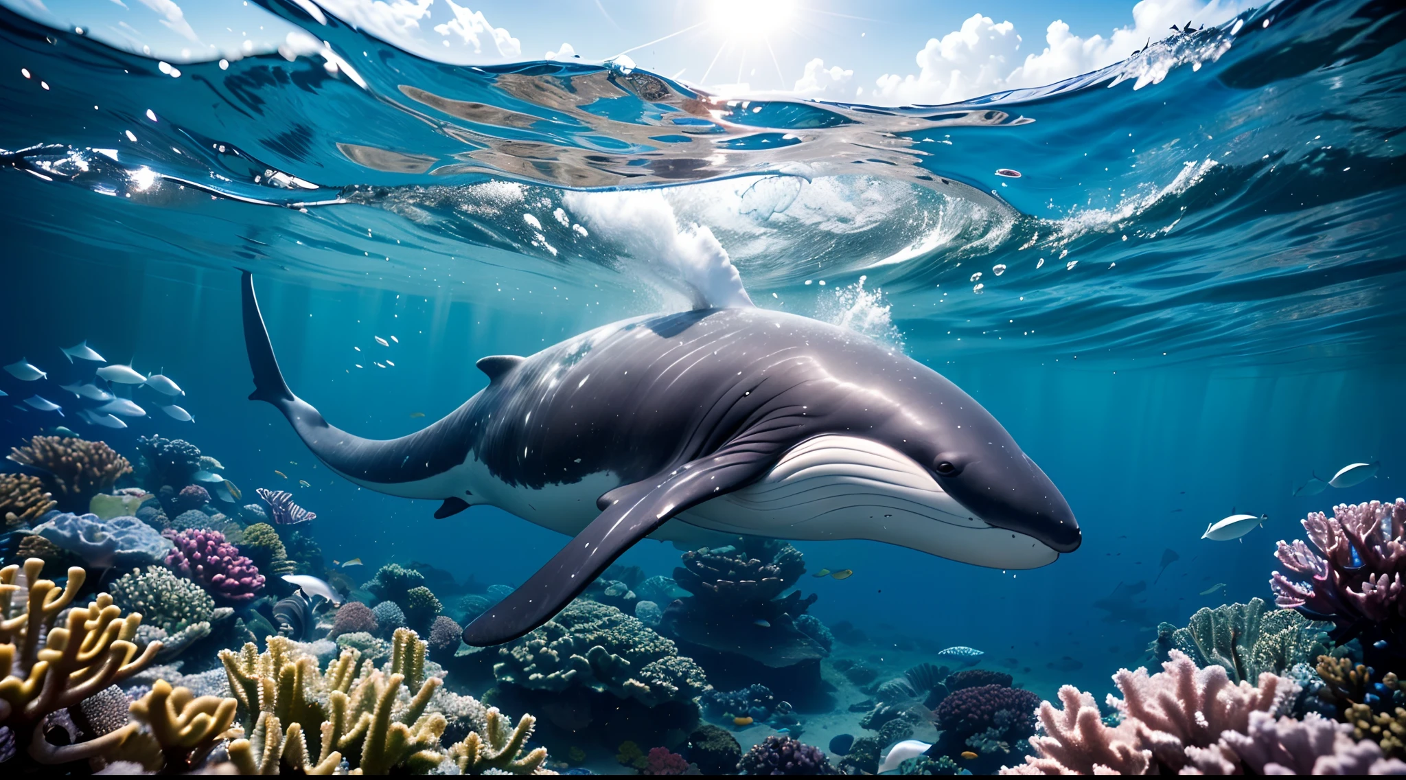 pixar-style，Masterpiece,high qulity,Highest high resolution,Complicated details，Very cute baby whale，，Swim freely in the sea，Clear, realistic water，Ray traching，realisitic